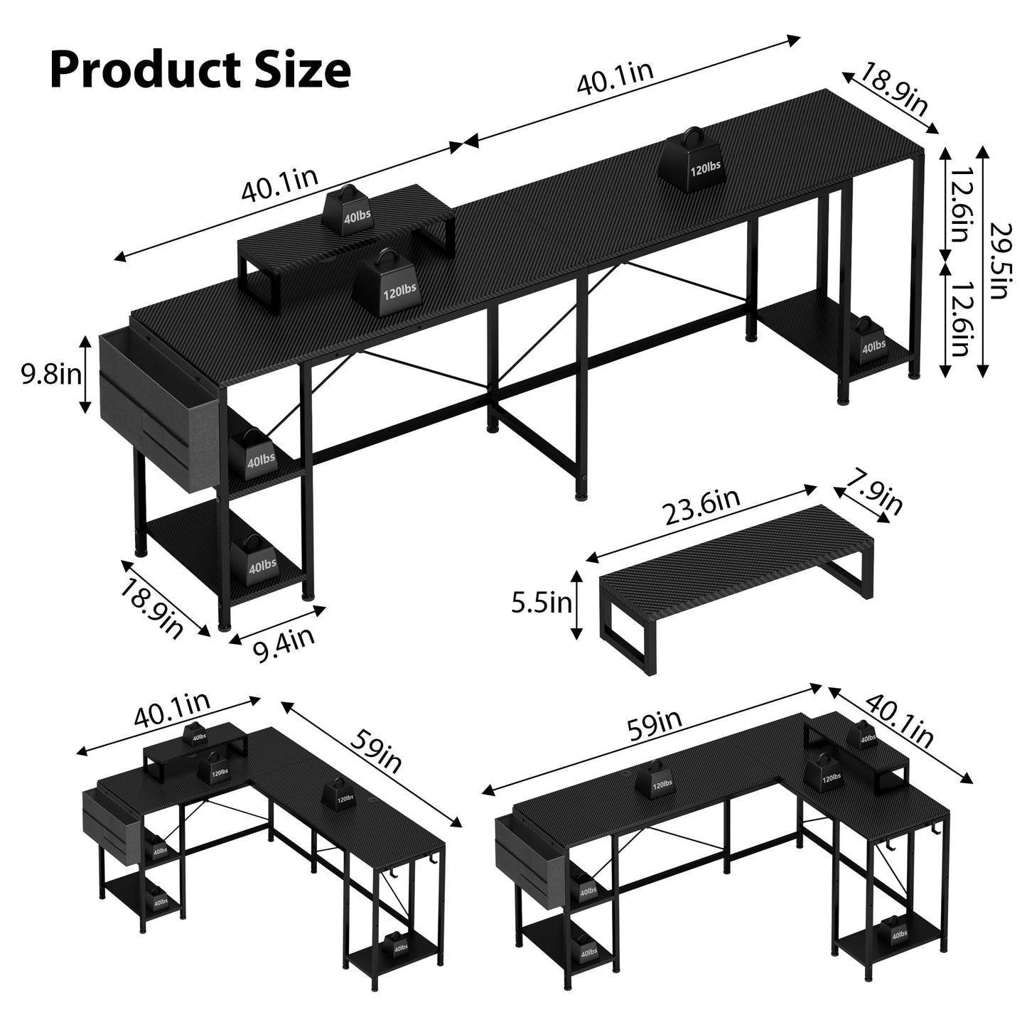 GIKPAL 59 Inch L Shaped Desk, Reversible Computer Desk with Monitor Stand, Home Office Desk with 3 Shelves and Storage Shelf, Corner Desk, Carbon Black