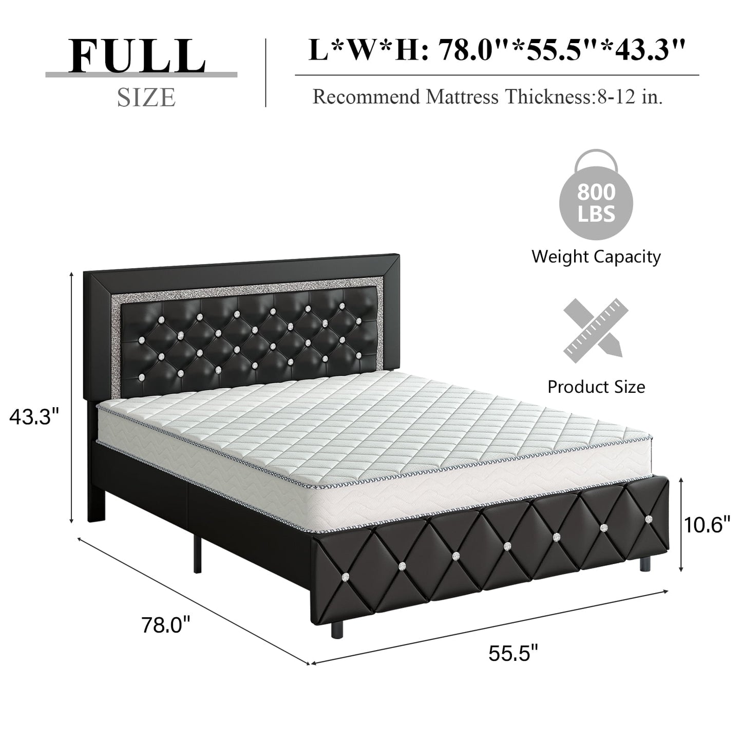4 EVER WINNER Full Size Upholstered Bed Frame with Diamond Tufted Headboard & Footboard, Black