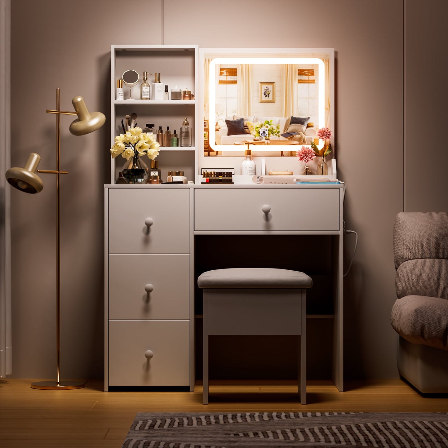 Gounni Vanity Set with Mirror & Power Outlet, Makeup Vanity Table Desk Chair Set for Bedroom, White