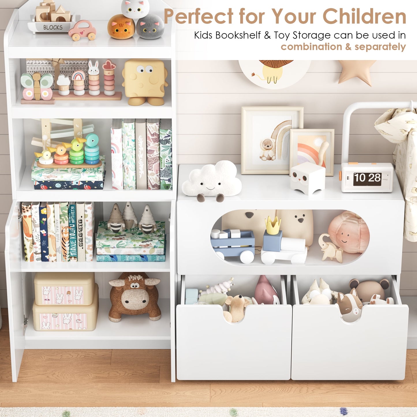 Homfa Kids White Bookshelf and Toys Organizer with Drawers, Combi Toy Storage with Clothes Rail for Kids Room