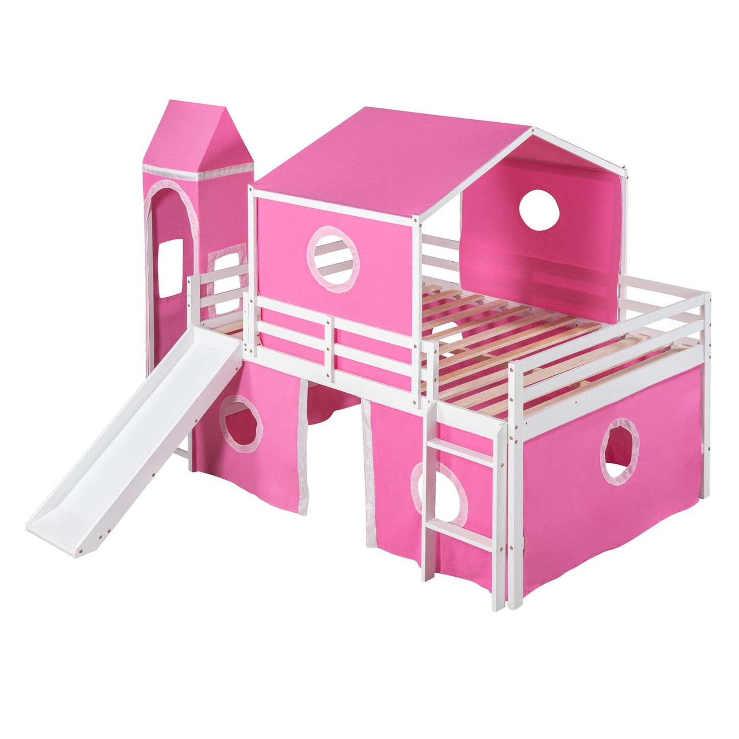Aukfa Princess Low Loft Bed with Slide - Full Size Castle Bed with Tent for Kids - Pink