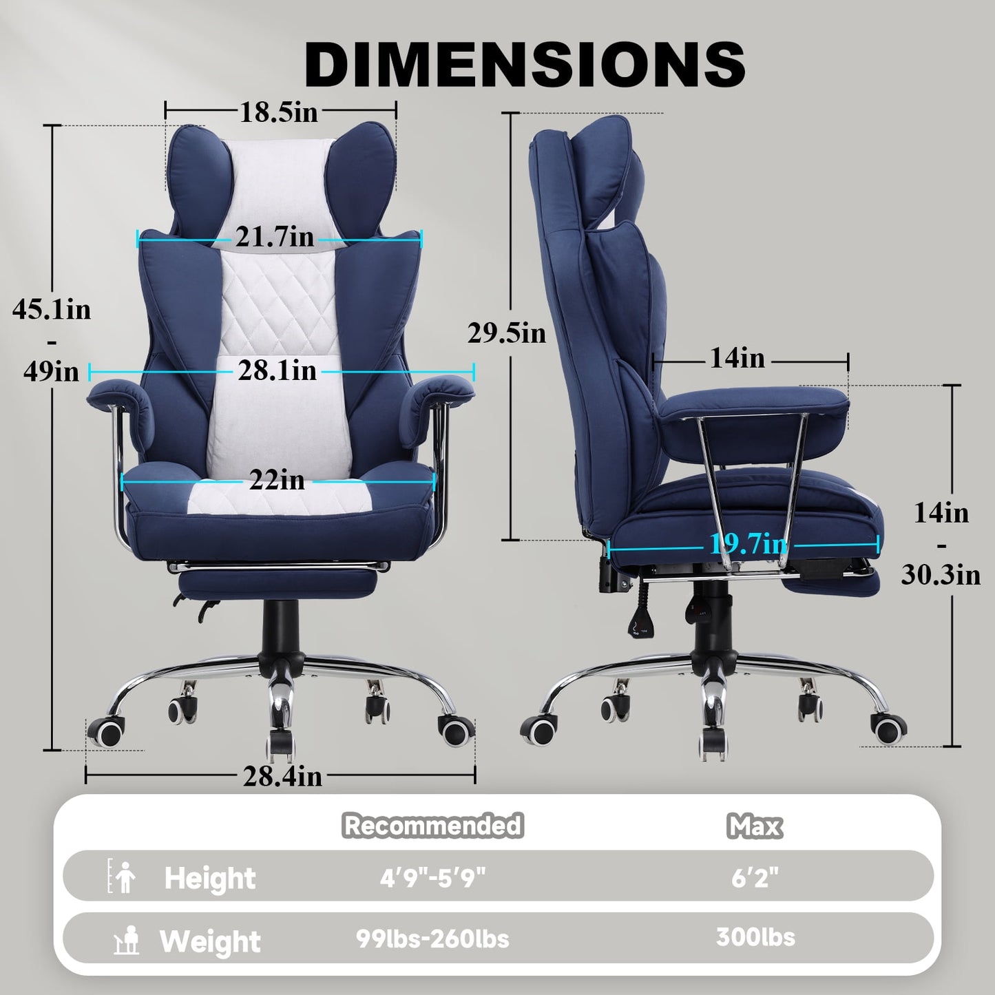 GTRACING Ergonomic Gaming, Office Chair, Swivel Executive, Cozy Fabric with Footrest, Dark Blue & White