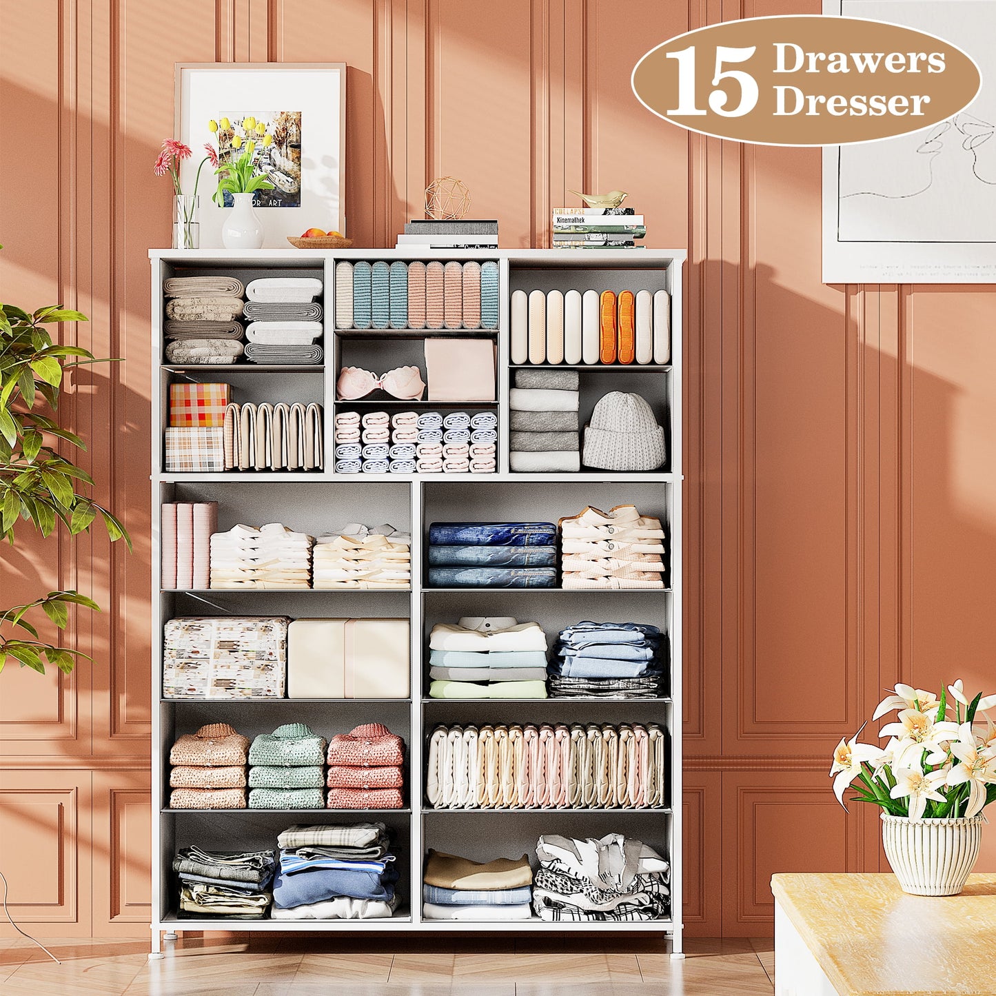 GIKPAL Dressers for Bedroom, 15 Drawers Dresser White Dresser Fabric Chest of Drawers Tall Dressers Storage Organizer for Closet, Living Room