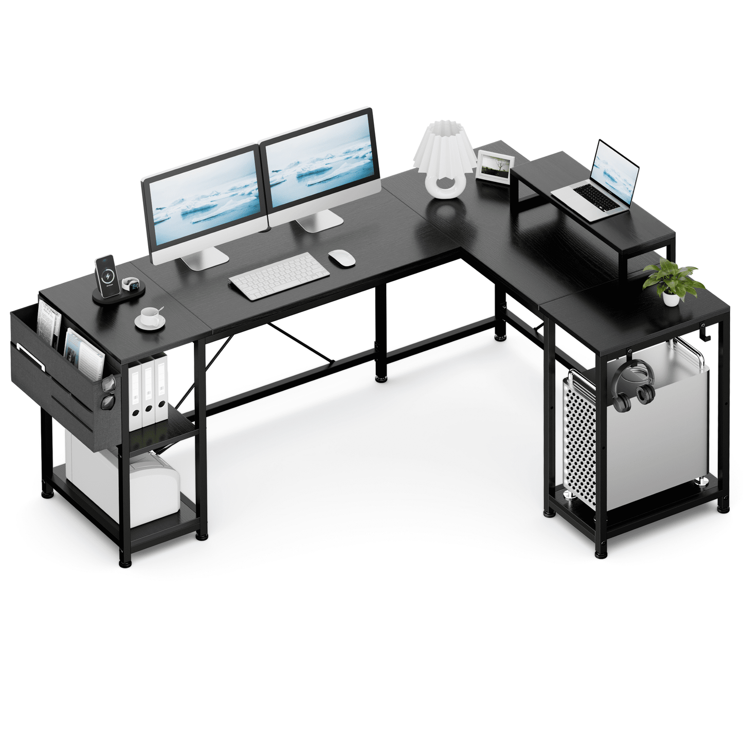 GIKPAL L-Shaped Computer Desk, 95in Reversible Computer Desk Office Desk with 3 Shelves/Monitor Stand/Storage Bag/Hooks for Home Office, Black