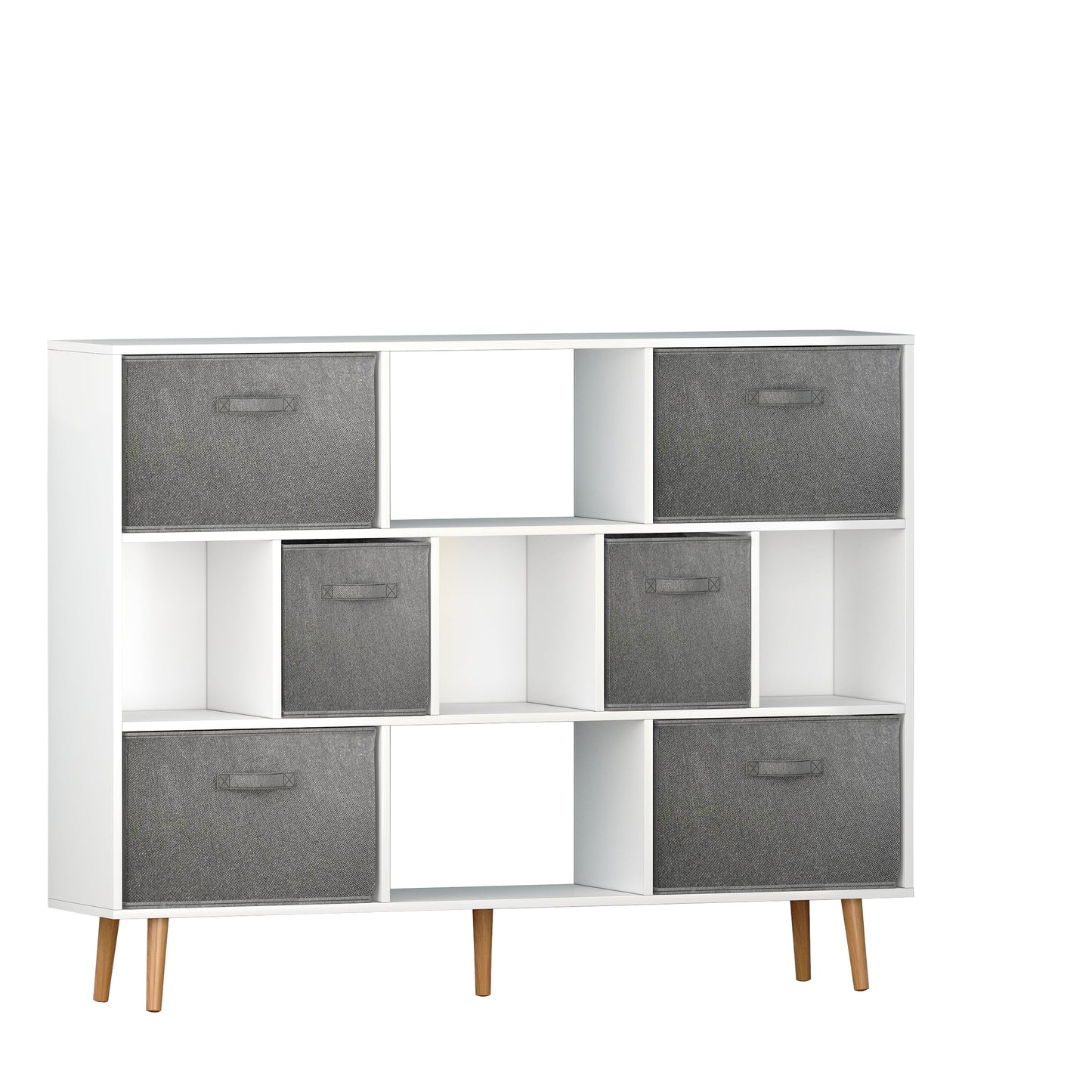 IVV White Cube Bookshelf with 6 Fabric Drawers, 3 Tier Modern Wood Bookcase with Legs, 55in Wide Bookshelf with Open Display Cubes, Modern Storage Display Cabinet for Living Room,Classroom,Kid's Room
