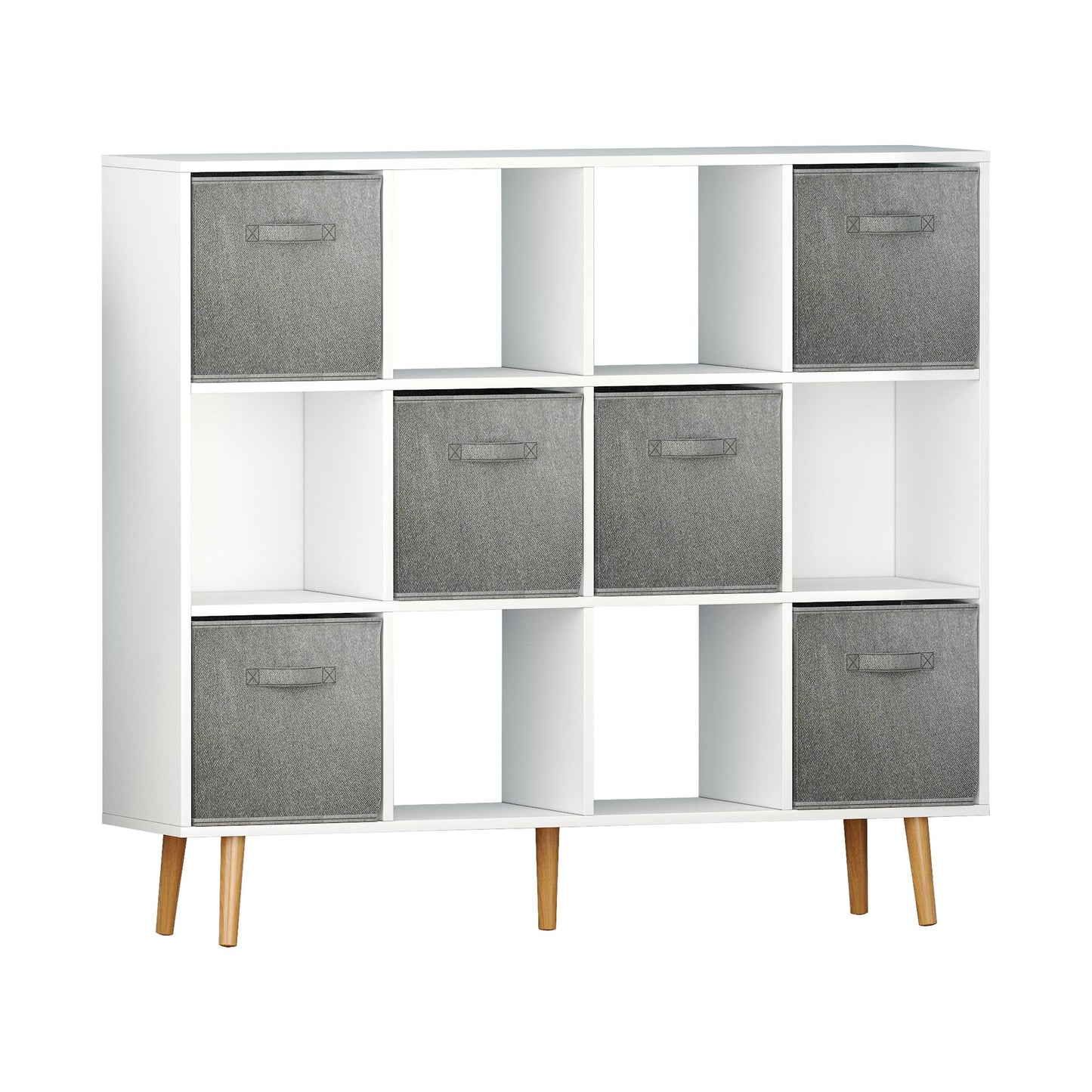 IVV 12-Cube Bookshelf, Freestanding Open Bookcase with 6 Fabric Drawers, Modern Wood Display Shelf for Living Room Study Home Office (White)