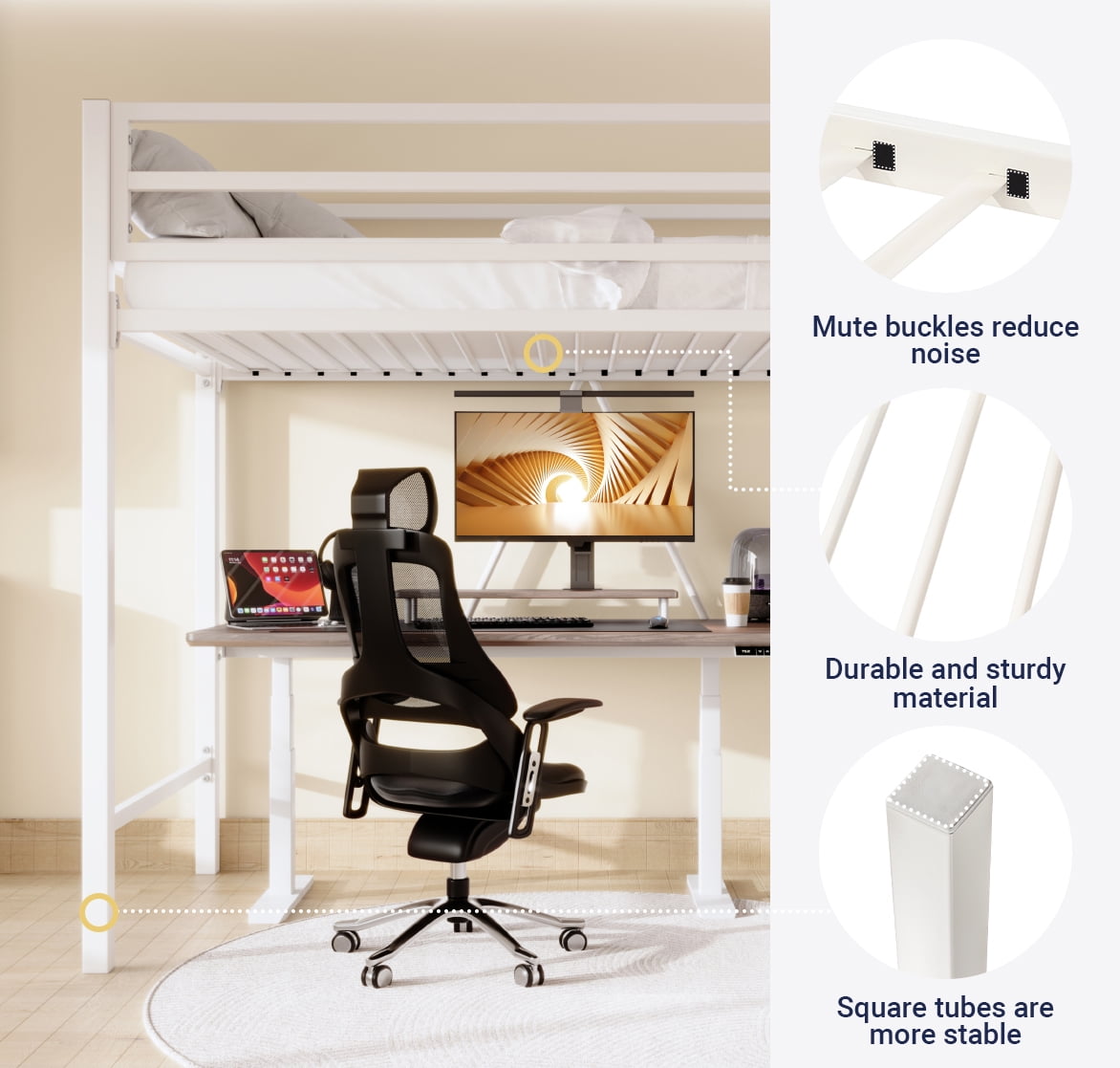 Sifurni White Heavy Duty Twin Size Metal Loft Bed with Full-Length Guardrail & Removable Stairs