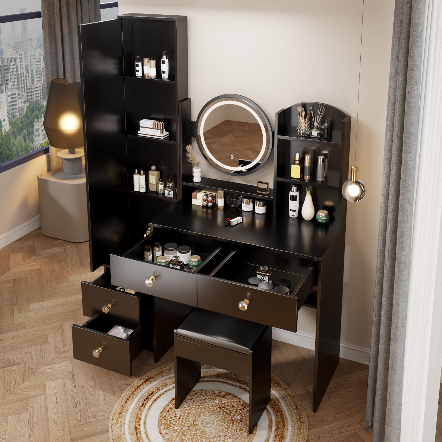 Aukfa Makeup Vanity Set Dressing Table with Lights Full Mirror & Stool for Girls - Black