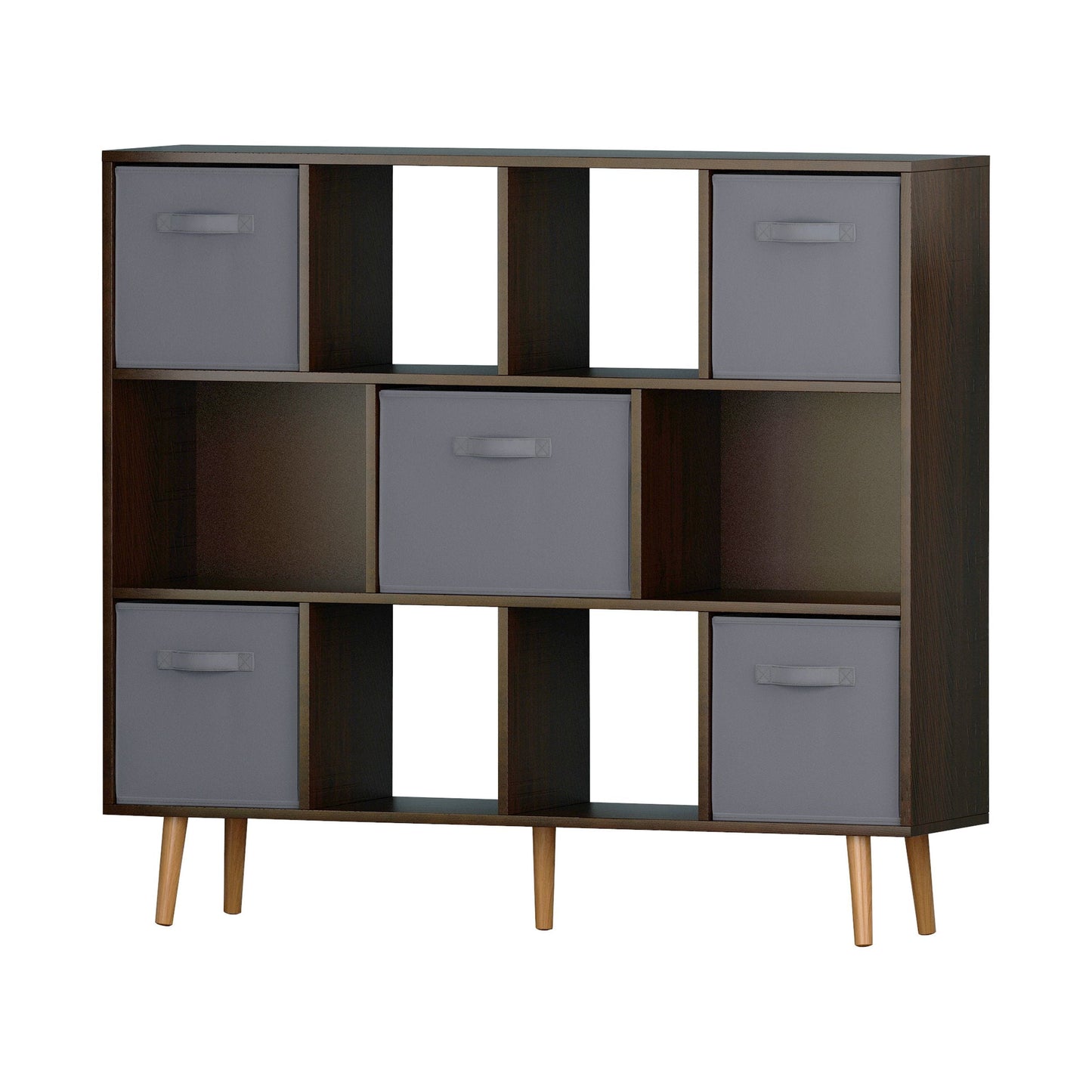 IVV 3-Tier Bookshelf, Wide Bookcase with 5 Fabric Drawers, Modern Book Shlef Storage Organizer Display Rack for Living Room, Entryway, Office, Brown