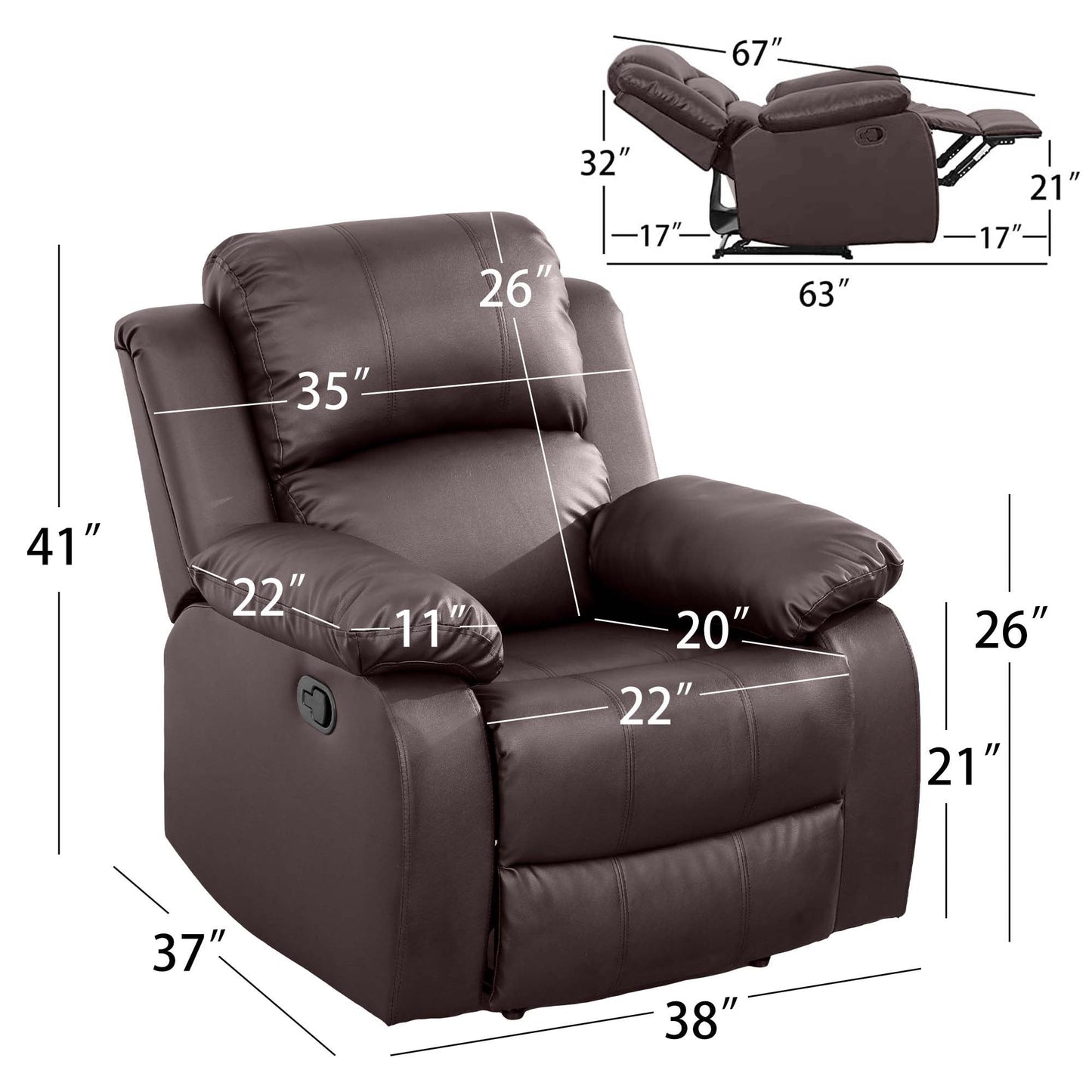 Aukfa Leather Recliner Chair, 38in Overstuffed Armchair Living Room Read Chair for Adults, Brown