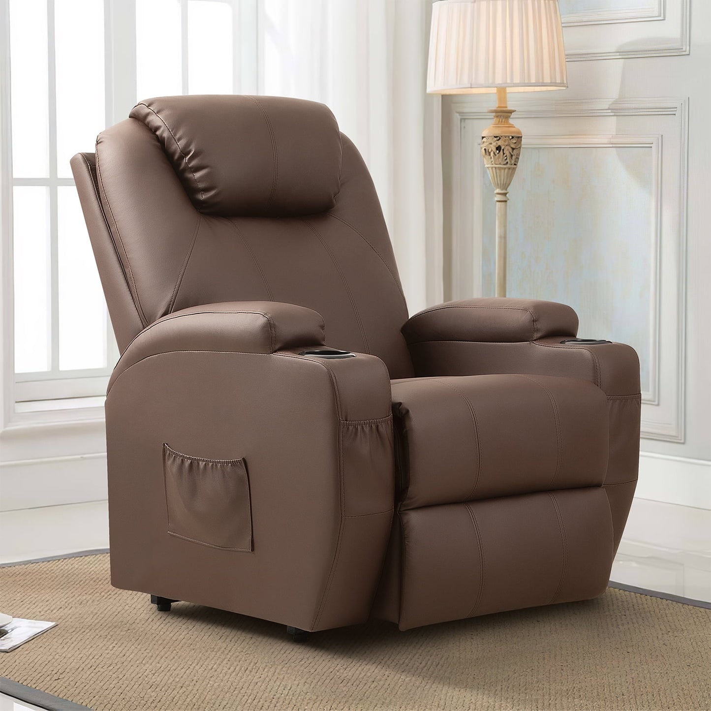 Homall Power Lift Chair PU Leather with Massage, Heat and Reclining, Ideal for Seniors, Brown