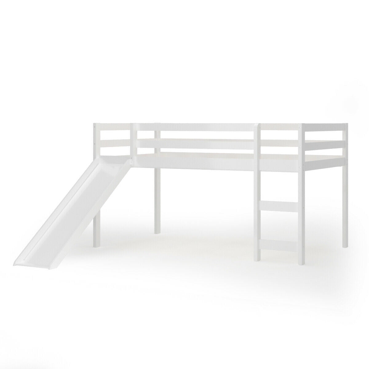 Gymax Twin Size Loft Bed with Slide Wood Low Sturdy Loft Bed for Kids Bedroom White