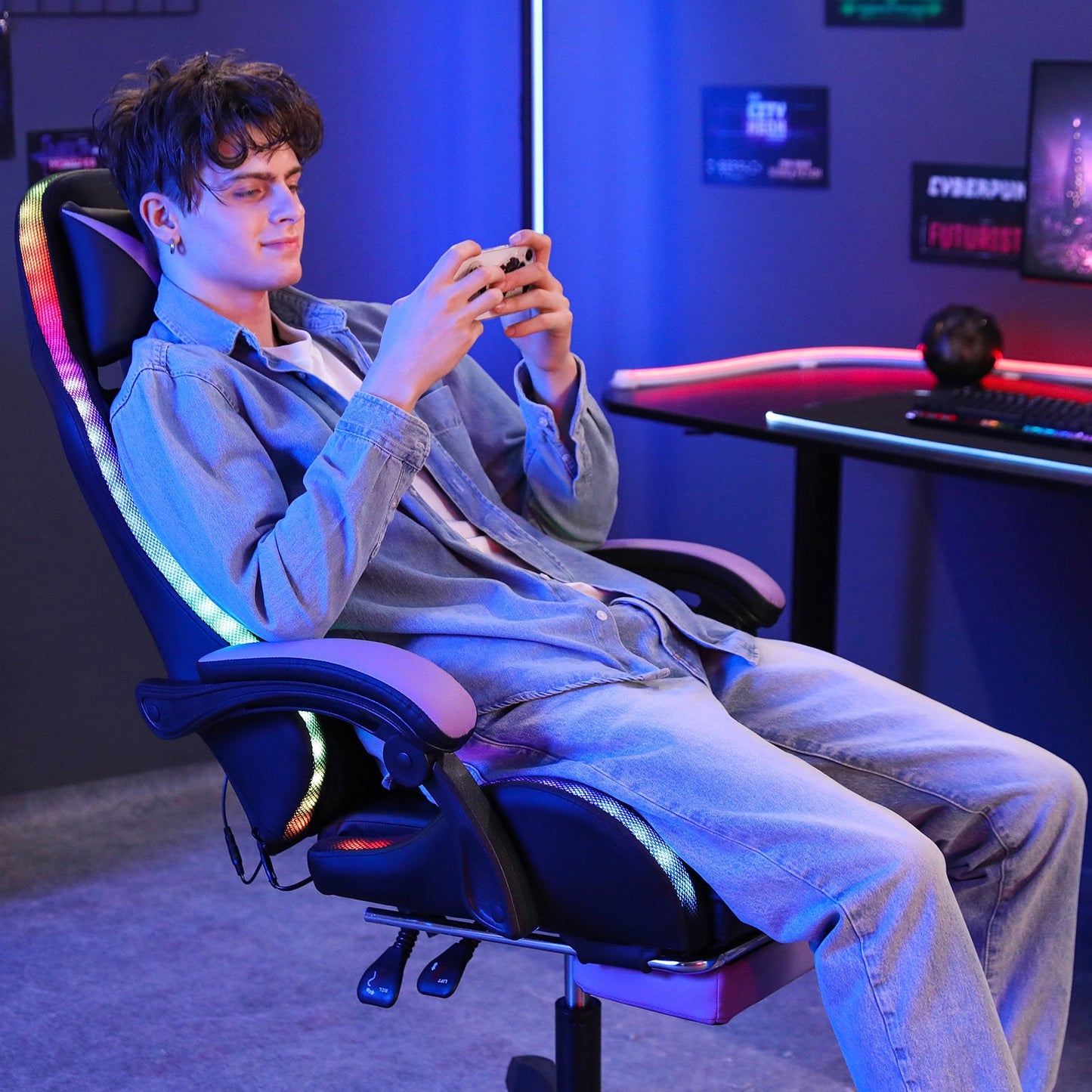 HOFFREE Gaming Chair with Massage and LED RGB Lights Ergonomic Computer Chair with Footrest High Back Video Game Chair with Adjustable Lumbar Support Linkage Armrest for Home Office