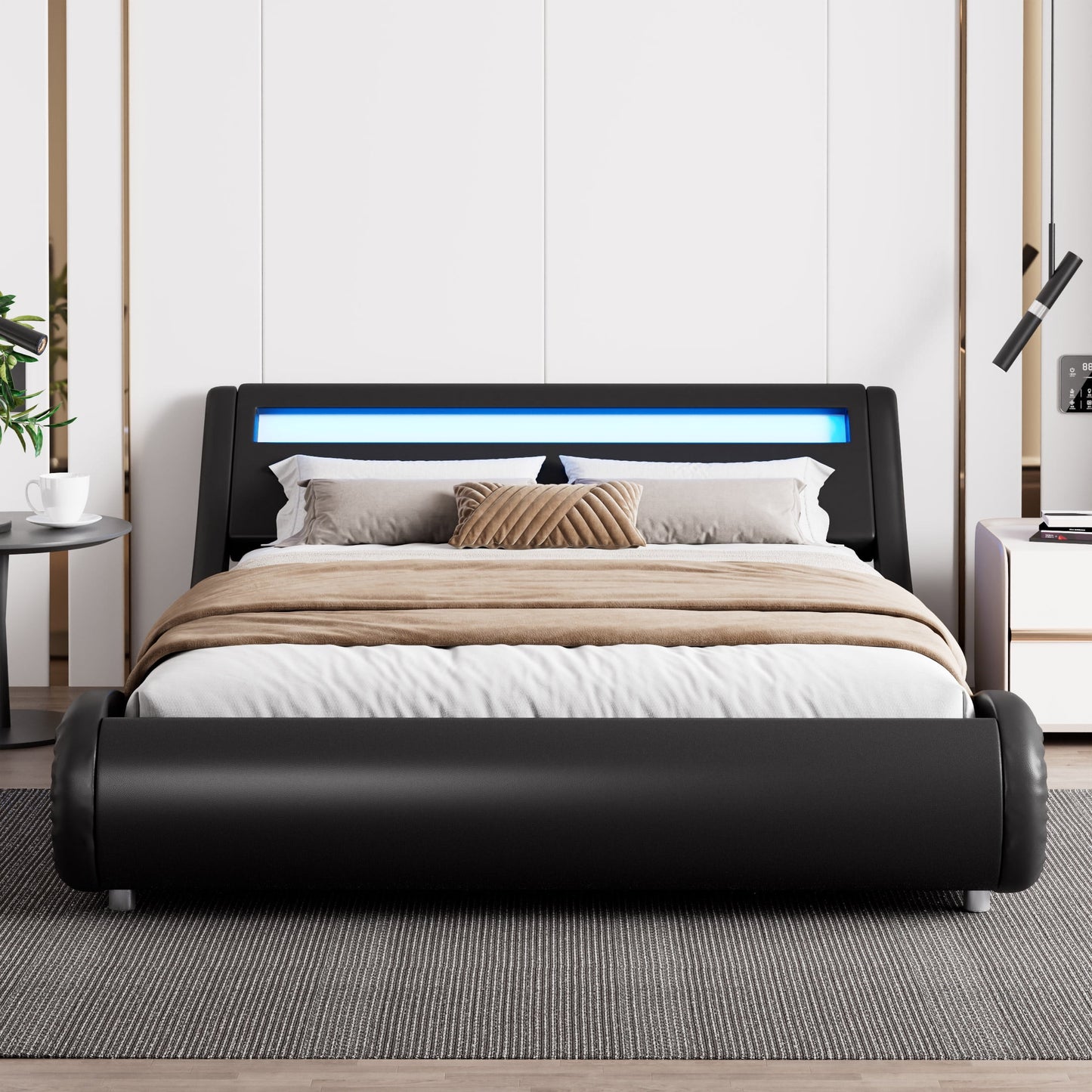 Amolife Full Size Wave-Like Curve Deluxe Upholstered Modern Bed Frame with LED Headboard, Black