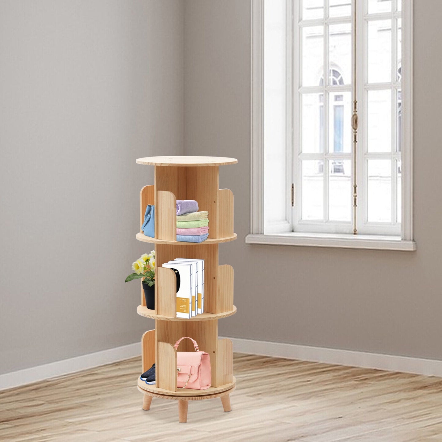 3 Rotating Bookshelf 360 Display Floor Standing Bookcase Storage Rack for Kids&Adults Multi-Functional Bookshelf Organizer Wood