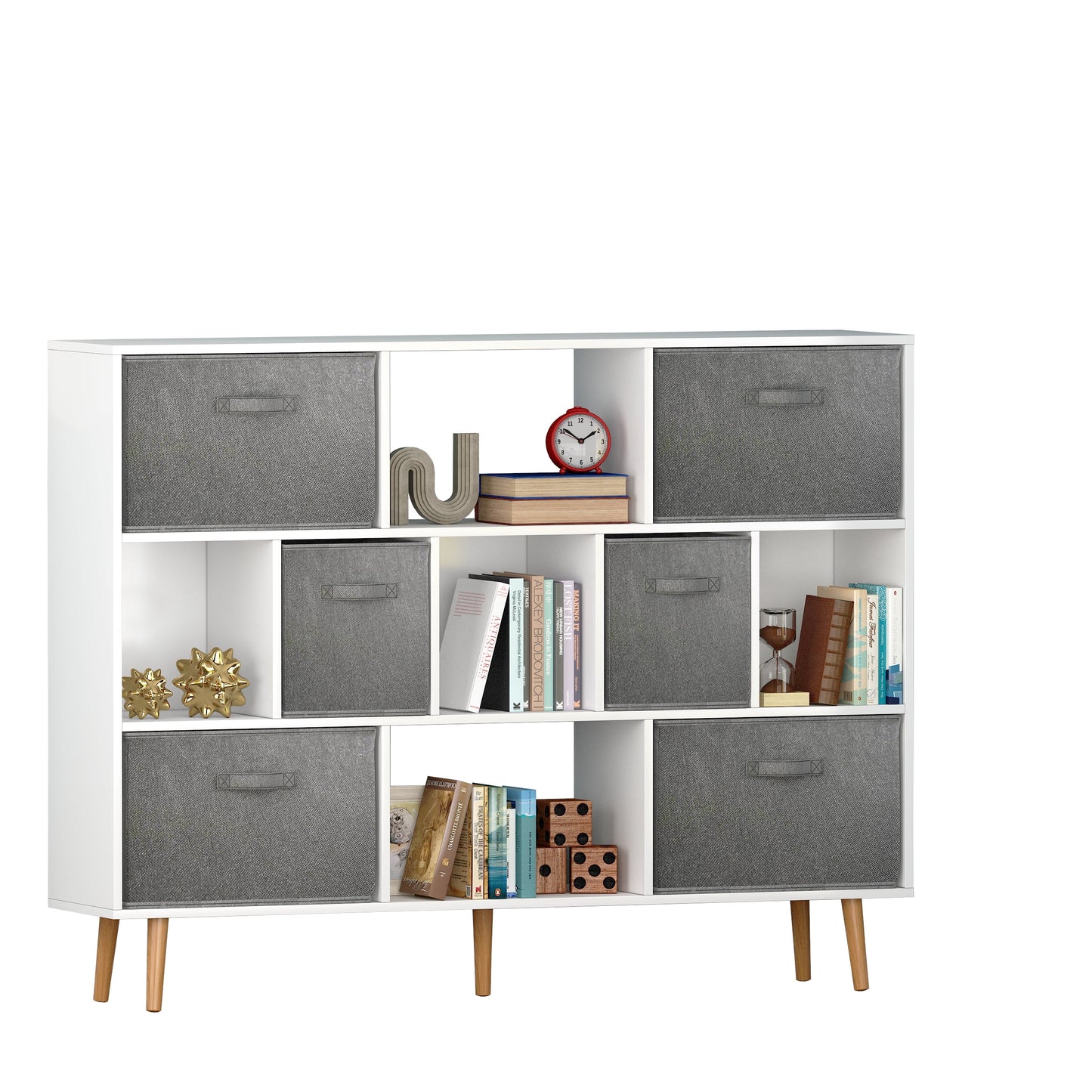 IVV White Cube Bookshelf with 6 Fabric Drawers, 3 Tier Modern Wood Bookcase with Legs, 55in Wide Bookshelf with Open Display Cubes, Modern Storage Display Cabinet for Living Room,Classroom,Kid's Room