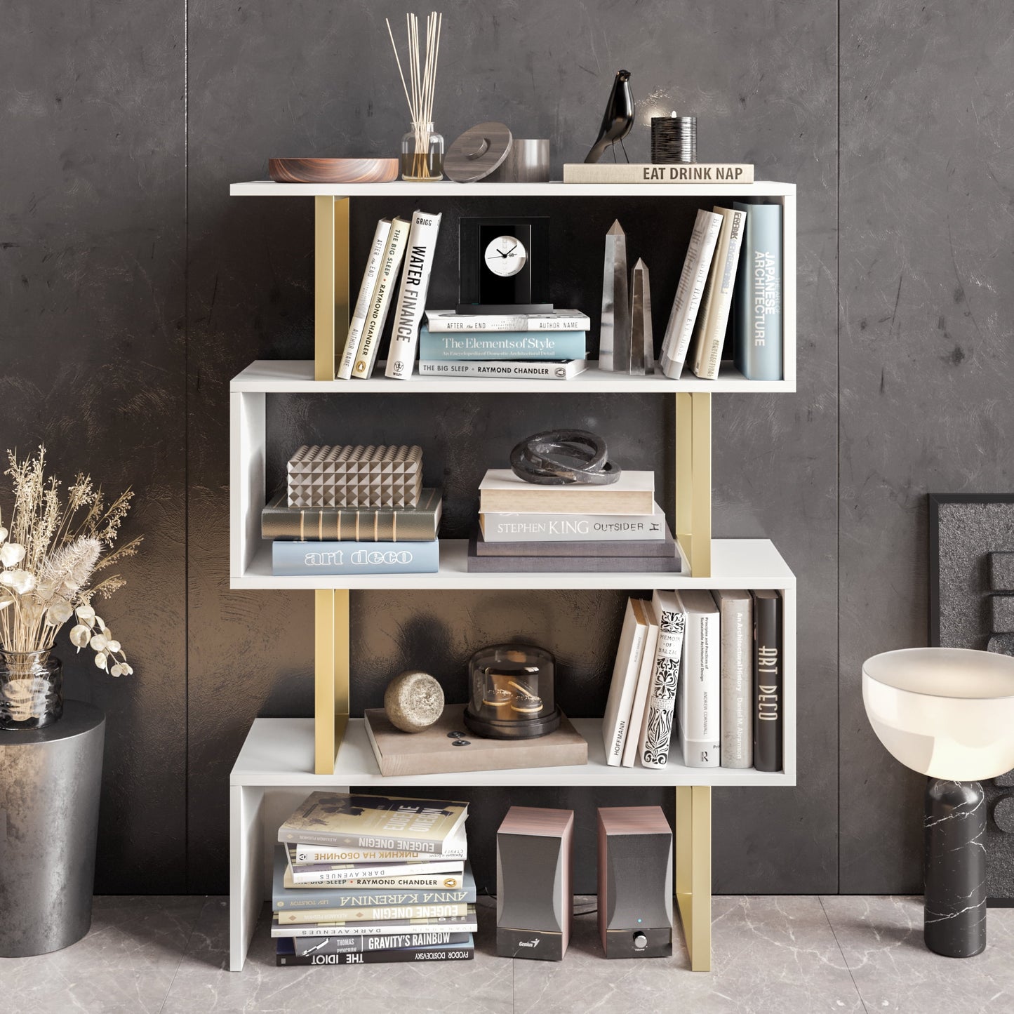 Adriana 49in Geometric 4 Shelf Bookcase, Gold