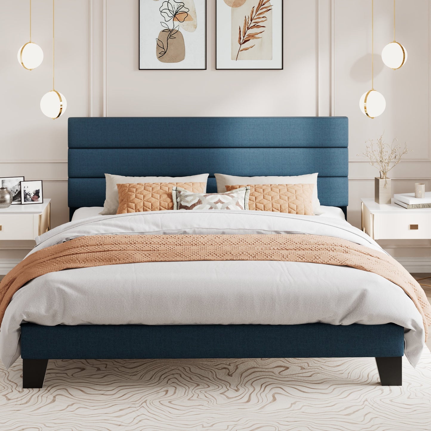 Amolife Platform King Size Bed Frame with Fabric Upholstered Headboard, No Box Spring Needed, Strong Wooden Slats, Navy Blue