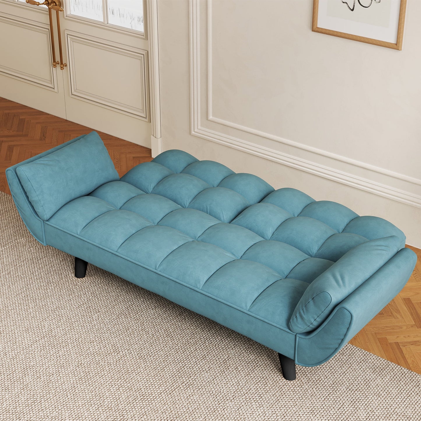 Aukfa 74in Flared Arm Futon Convertible Sofa Bed, Curved Sleeper Sofa for Home Office, Velvet, Blue