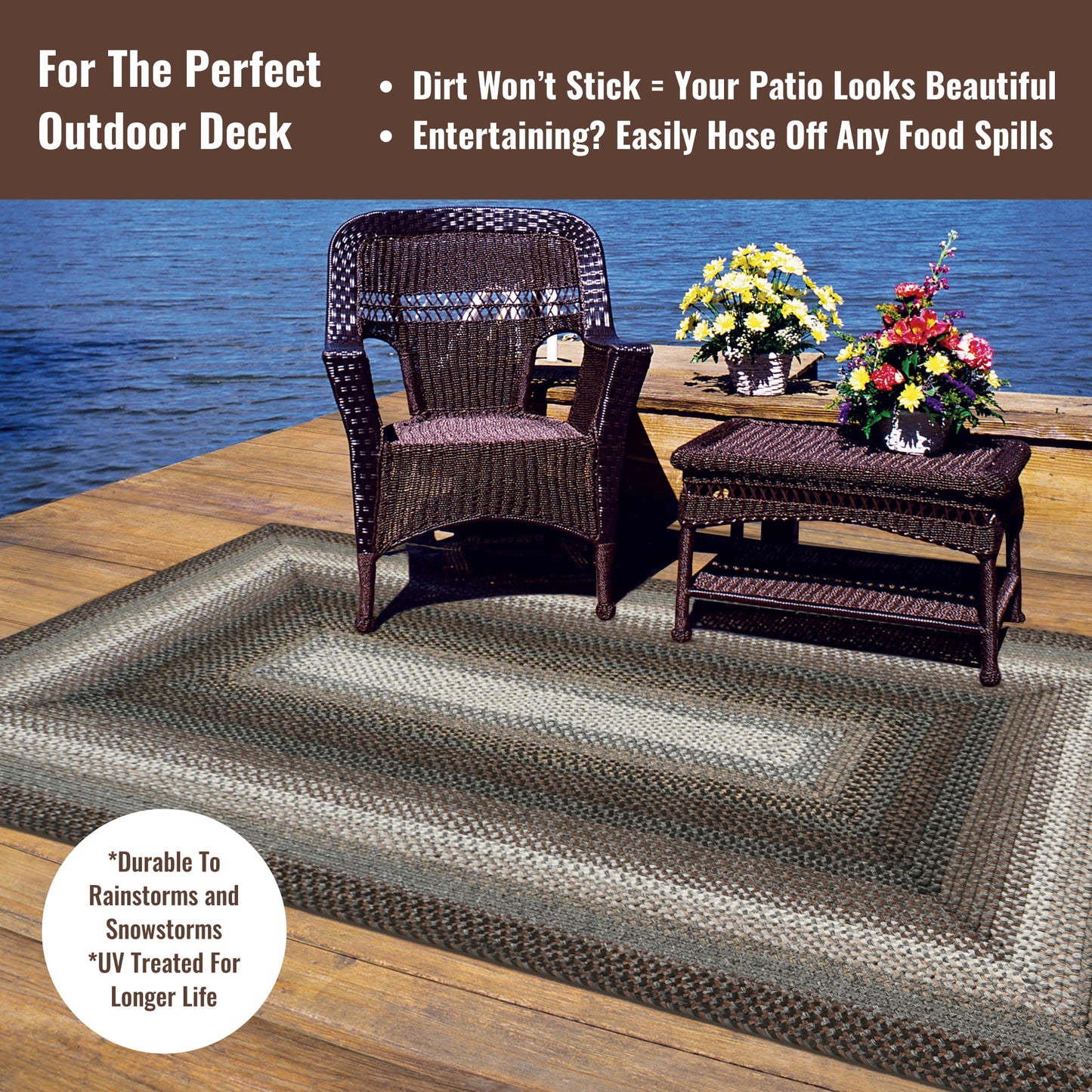 Homespice Midnight Moon Washable, Indoor-Outdoor, Pet Friendly Braided Area Rug, Reversible, Stain Resistant for Deck and Patio, Farmhouse, Rustic Modern Style, Grey - Black - Brown, 4' x 6'