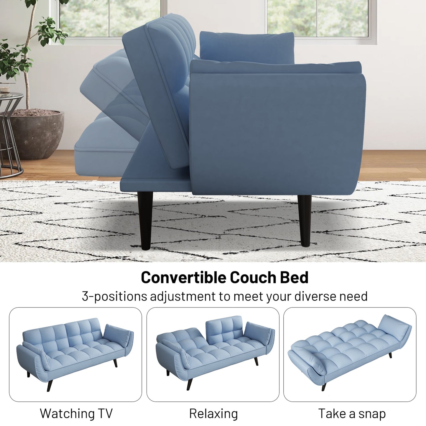 Aukfa 74in Flared Arm Futon Convertible Sofa Bed, Curved Sleeper Sofa for Home Office, Velvet, Blue