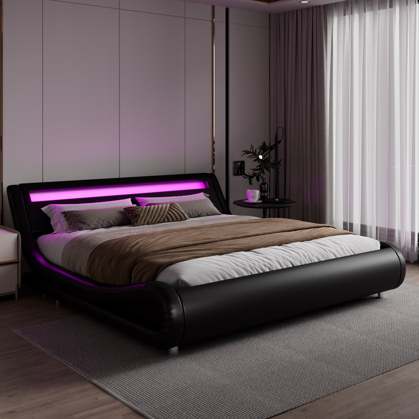 Amolife King Size Wave-Like Curve Deluxe Upholstered Modern Bed Frame with LED Headboard, Black