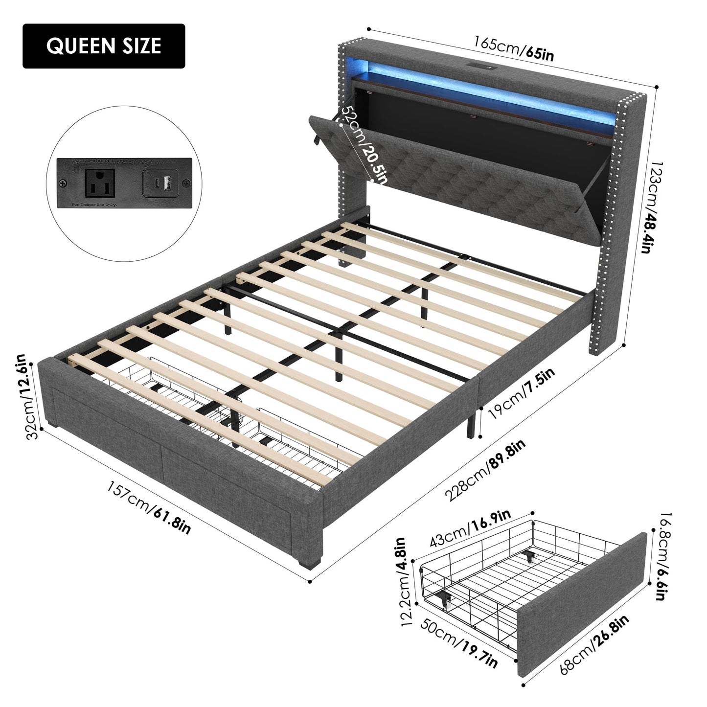 Homfa Queen Size LED Bed Frame with Outlets and USB Ports, Modern Storage Platform Bed with Linen Fabric Button Tufted Upholstered Headboard, Gray