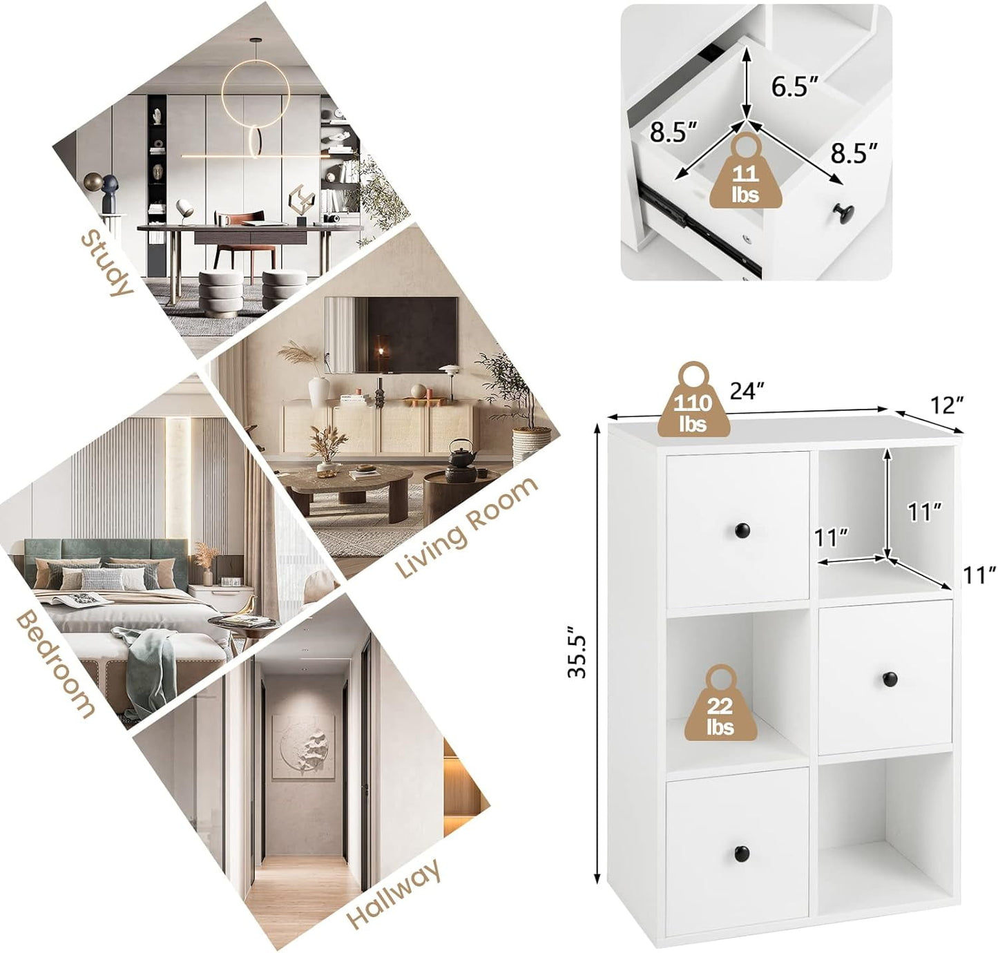 6 Cube Bookcase with Drawers, 3-Tier Modern Wood Bookshelf with Anti-toppling Device, Multipurpose 6 Cube Storage Organizer for Kids Room, Living Room, Study, Bedroom (White)