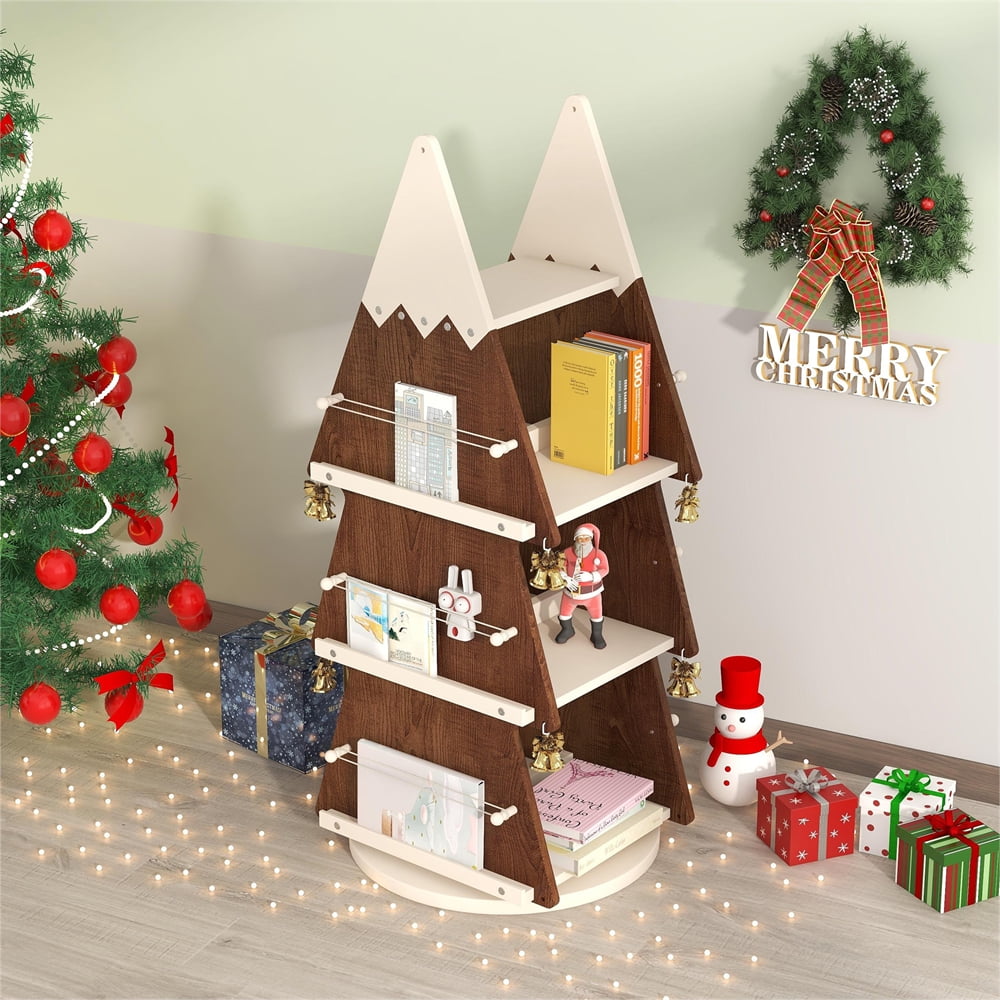 360¡ã Christmas Rotating Bookcase, Wooden Storage Rack Bookshelf with 4 Tier Shelf, Book Shelf Display Organizer Storage Book Display Case Bookrack for Kids Room Study Room, Space-Saving Design