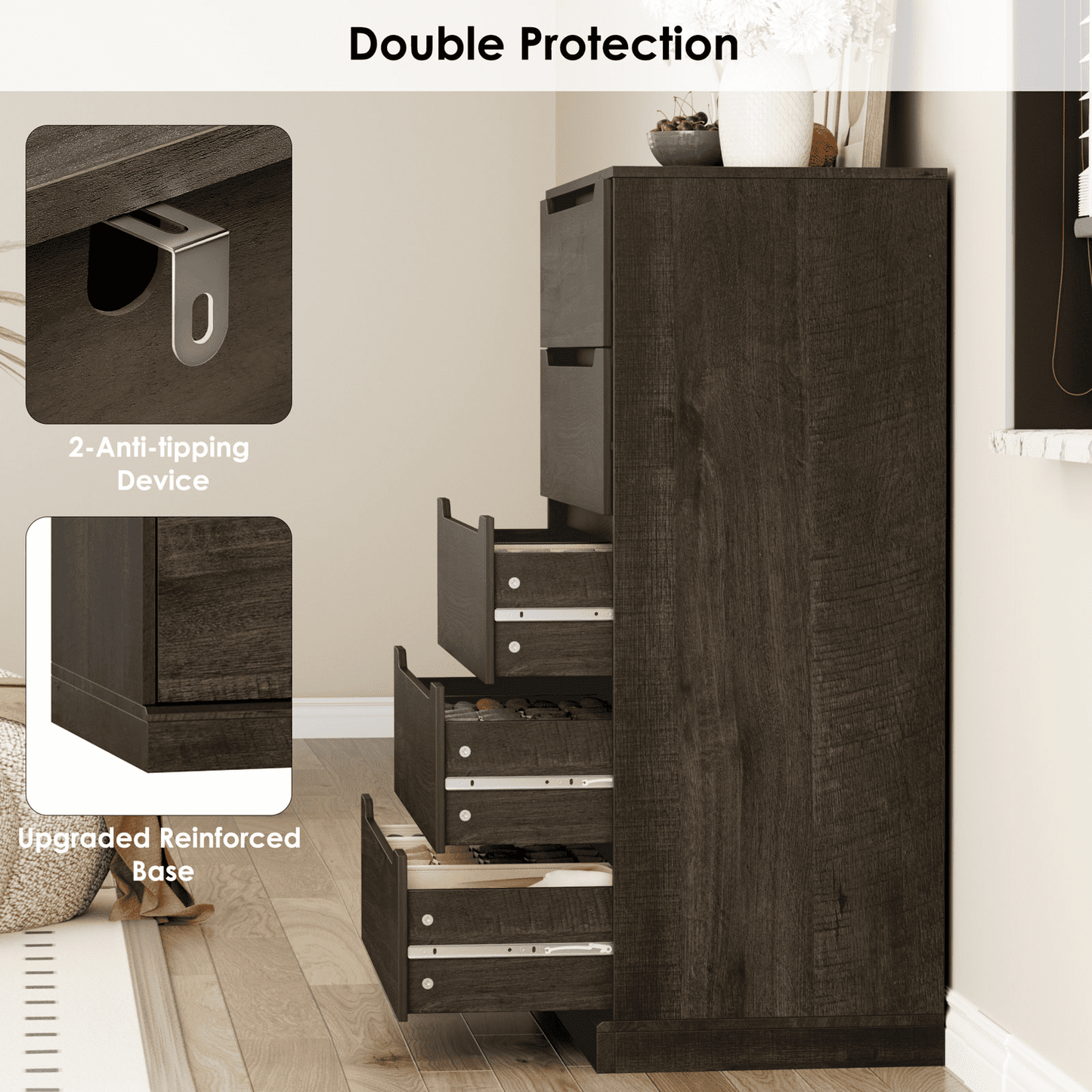 Homfa Vertical 5 Drawer Dresser, Wood Storage Cabinet with Upgraded Stable Base for Bedroom Living Room, Brown