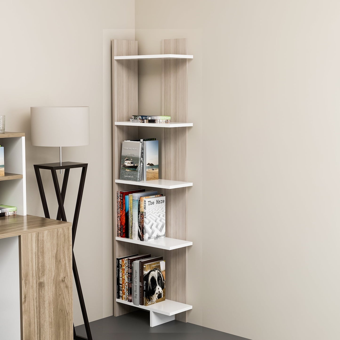 Alice 67in Corner 5-Shelves Bookcase , Cordoba White