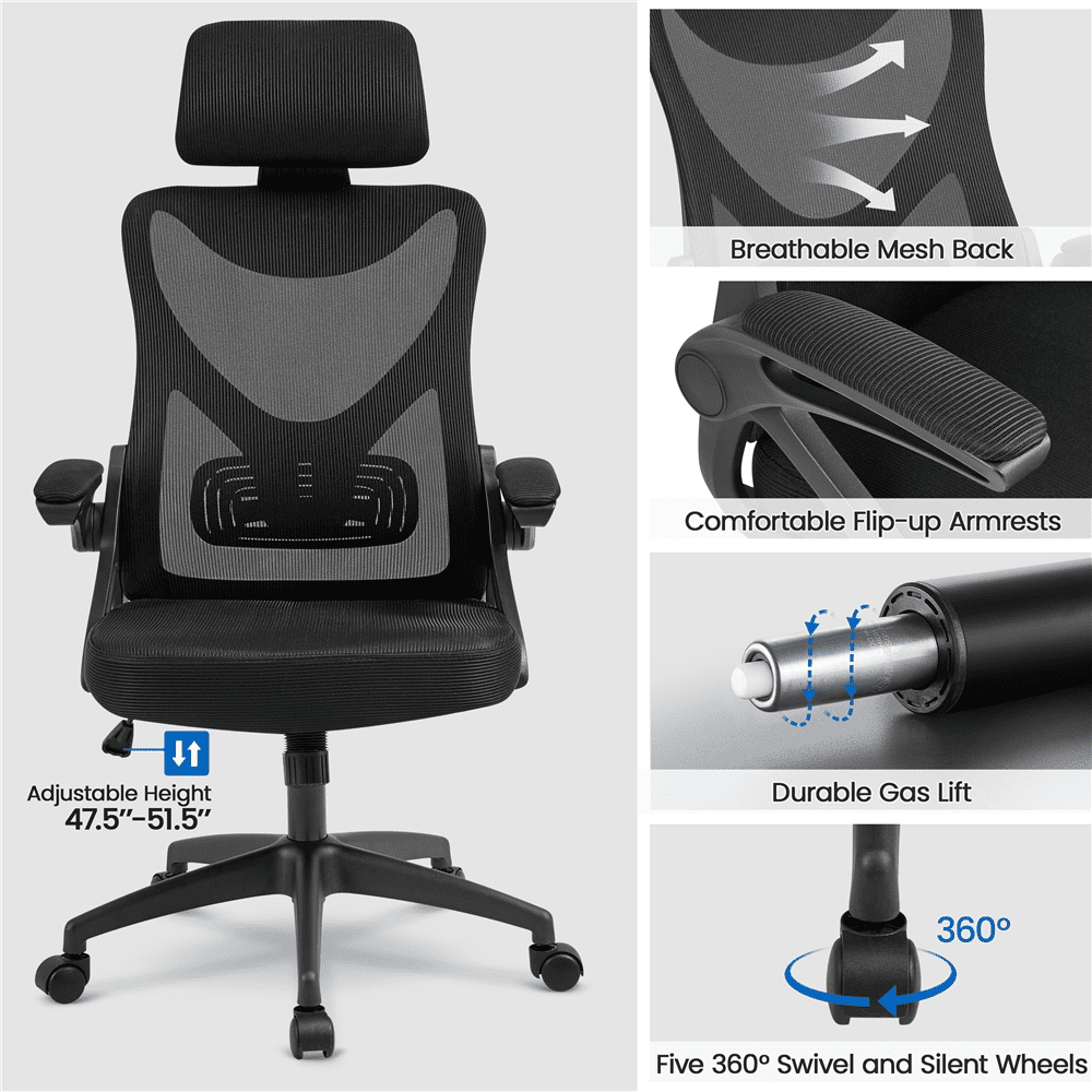 Alden Design High Back Ergonomic Mesh Office Chair with Adjustable Padded Headrest, Black