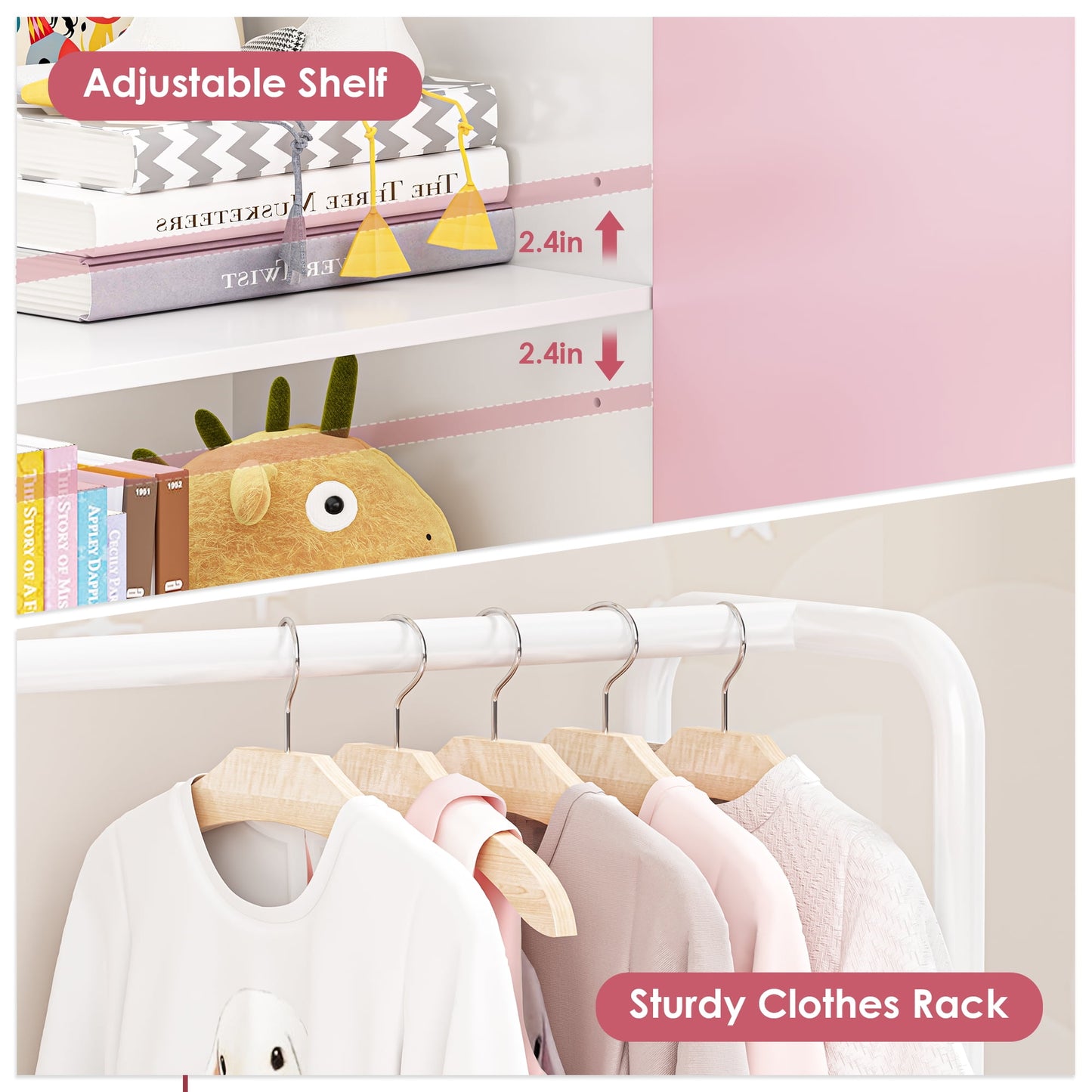 Homfa Kids Pink Bookshelf and Toys Organizer with Drawers, Combi Toy Storage with Clothes Rail for Kids Room