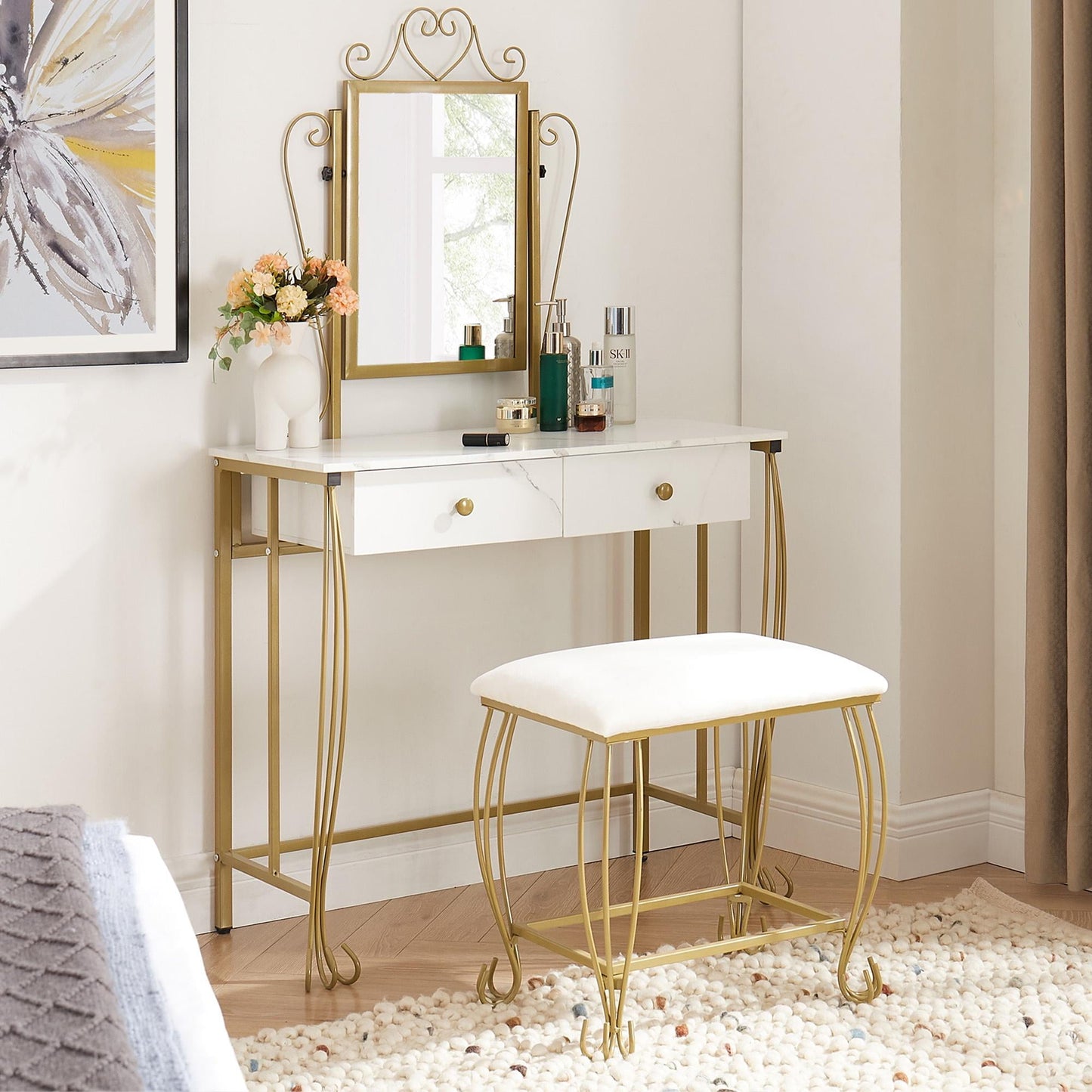 HSUNNS Vanity Set with Mirror, 2 Drawers Makeup Dressing Desk with Cushioned Stool Set, Vintage Style Makeup Vanity Table Desk with Large Mirror, Bedroom Vanities Set for Women and Girls, White