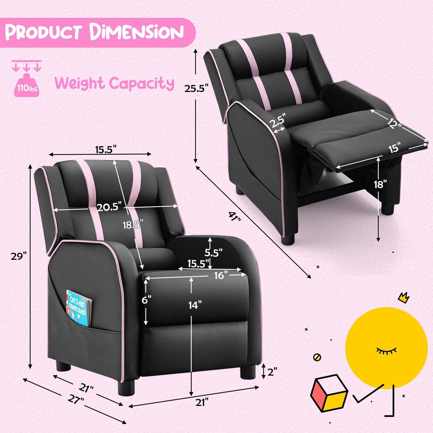 Gymax Kids Recliner Chair Ergonomic Leather Sofa Armchair w/Footrest Side Pocket Pink