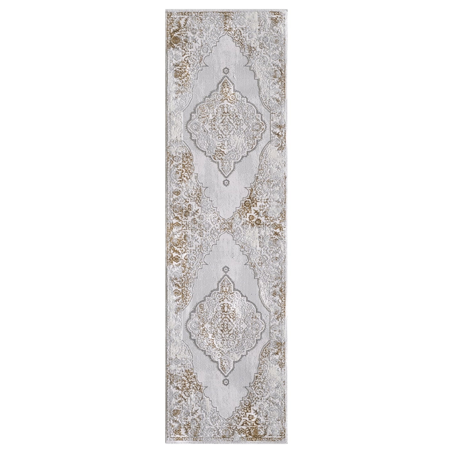 Allstar Rugs 2' 0in x 6' 11in Gainsboro Grey Traditional Persian Themed Polyester Runner with a Gold Bijar Design and Ivory Accents. Machine-Made in Turkey.