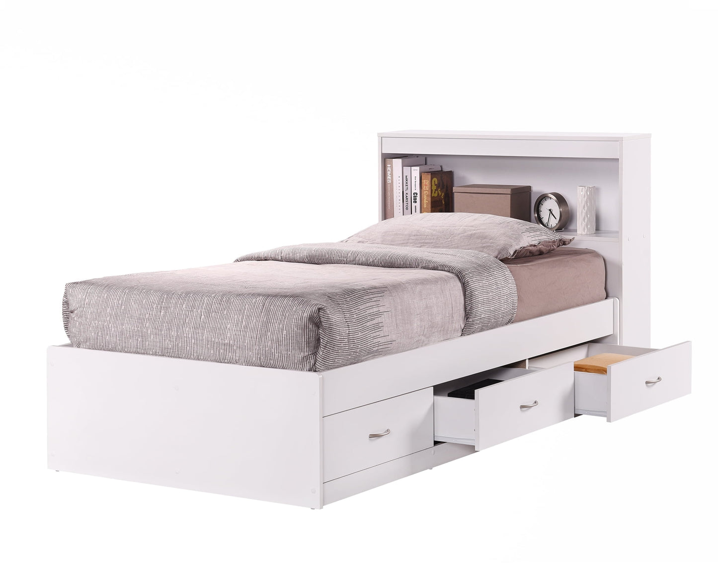 Hodedah Twin-Size Captain Bed with 3-Drawers and Headboard in White