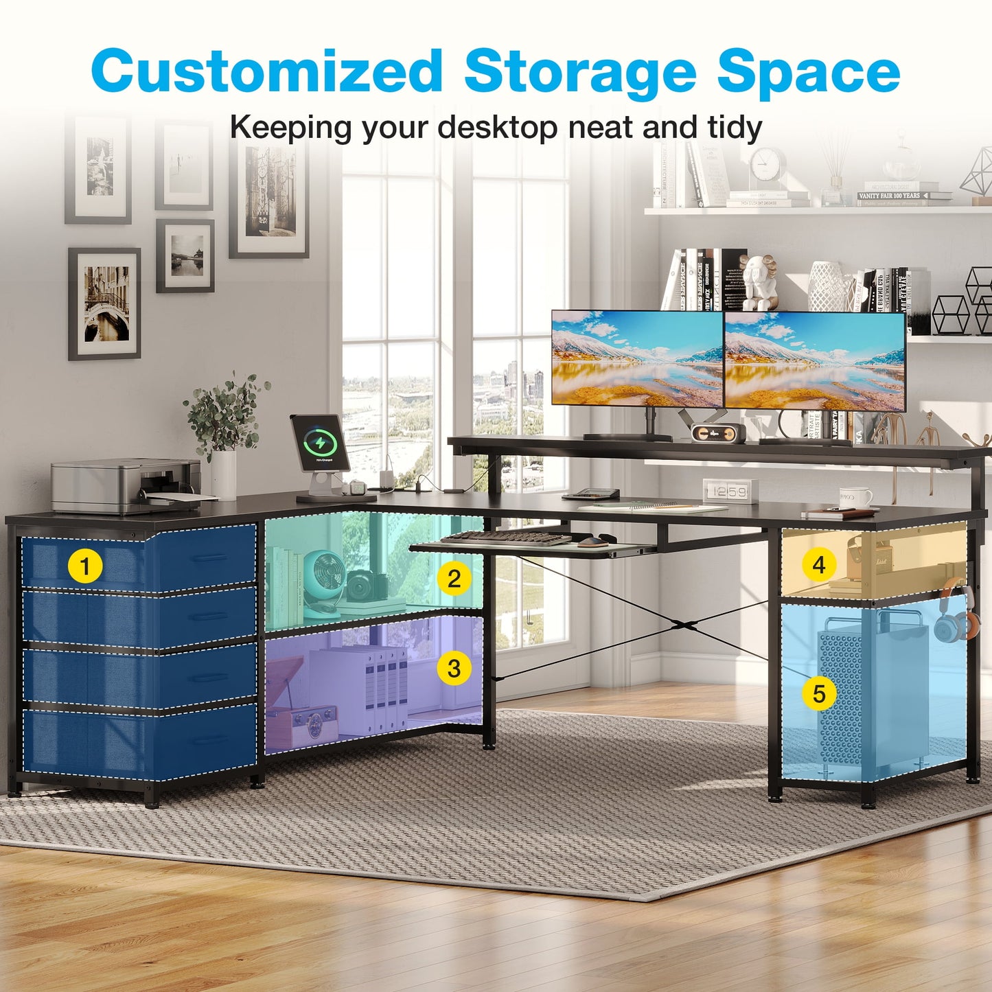 KKL 61 inch L Shaped Gaming Desk with 4 Drawers & Power Outlets, Home Office Desk with Adjustable Heights Monitor Stand & Keyboard Tray, Computer Desk with LED Light, Pure Black