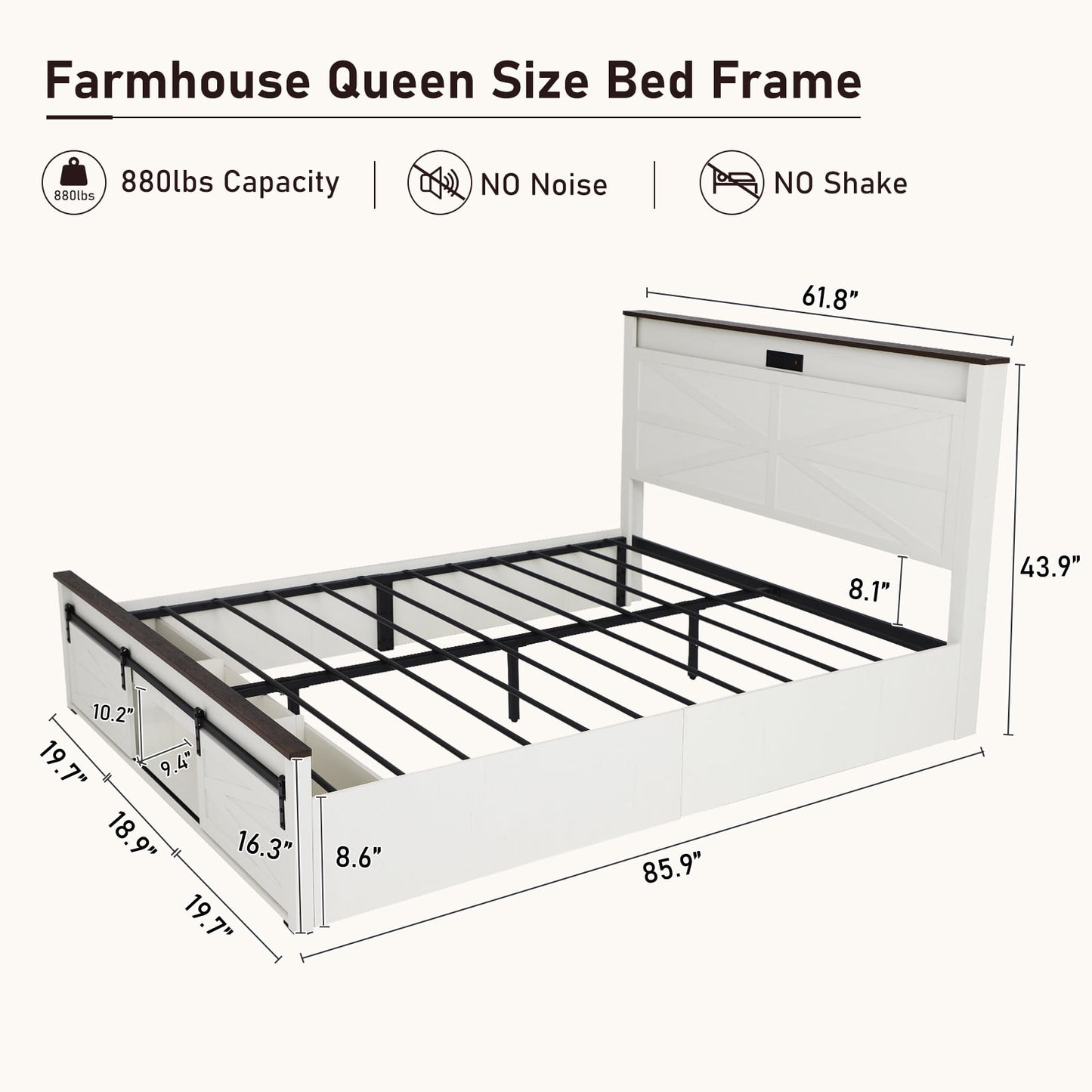 ANPOO Farmhouse Queen Size Bed Frame with LED Lights & Charging Station, Sliding Barn Door Storage Cabinet/Headboard,High Footboard, No Box Spring Needed, Noise-Free,White