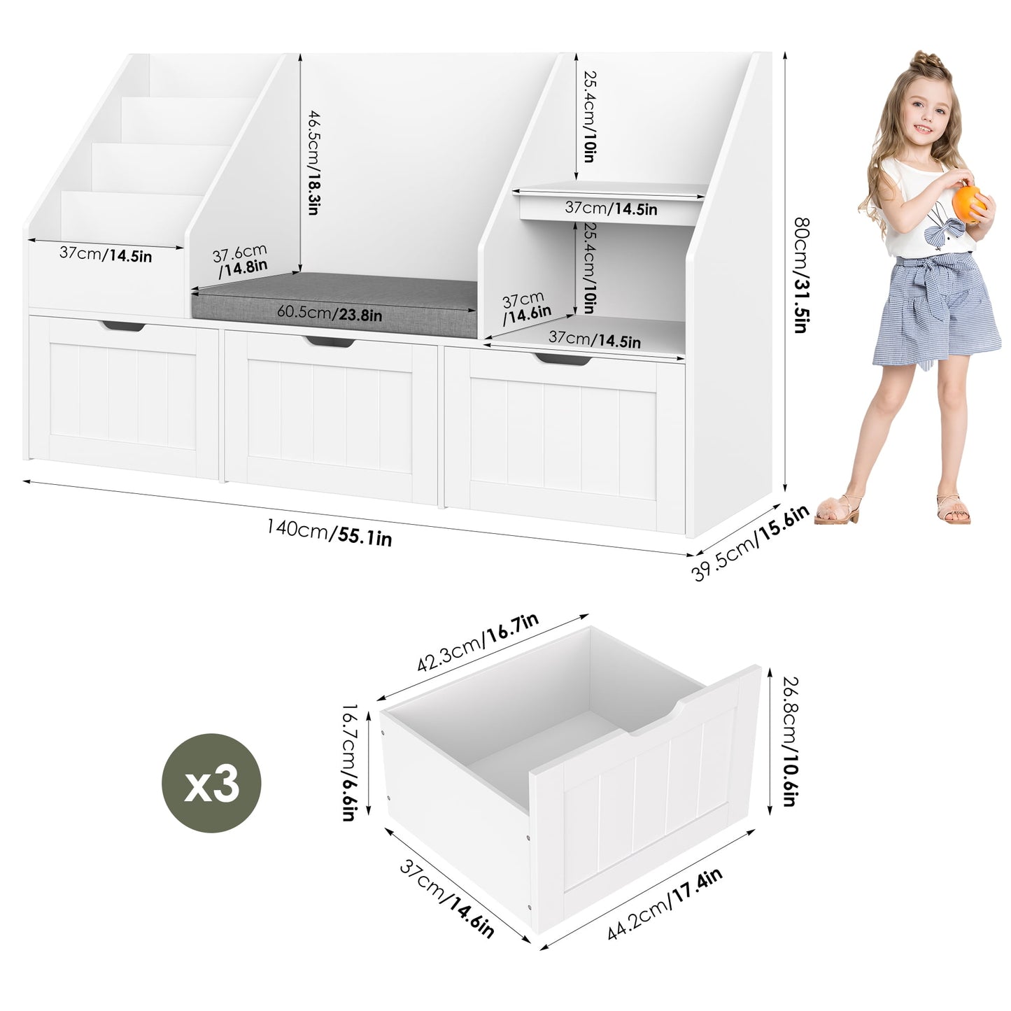 Homfa Kids Bookshelf with Reading Nook & 3 Movable Drawers, 2 Cube Bookcase with 4-Tier Book Racks, Toy Storage Organizer for Playroom Bedroom, White