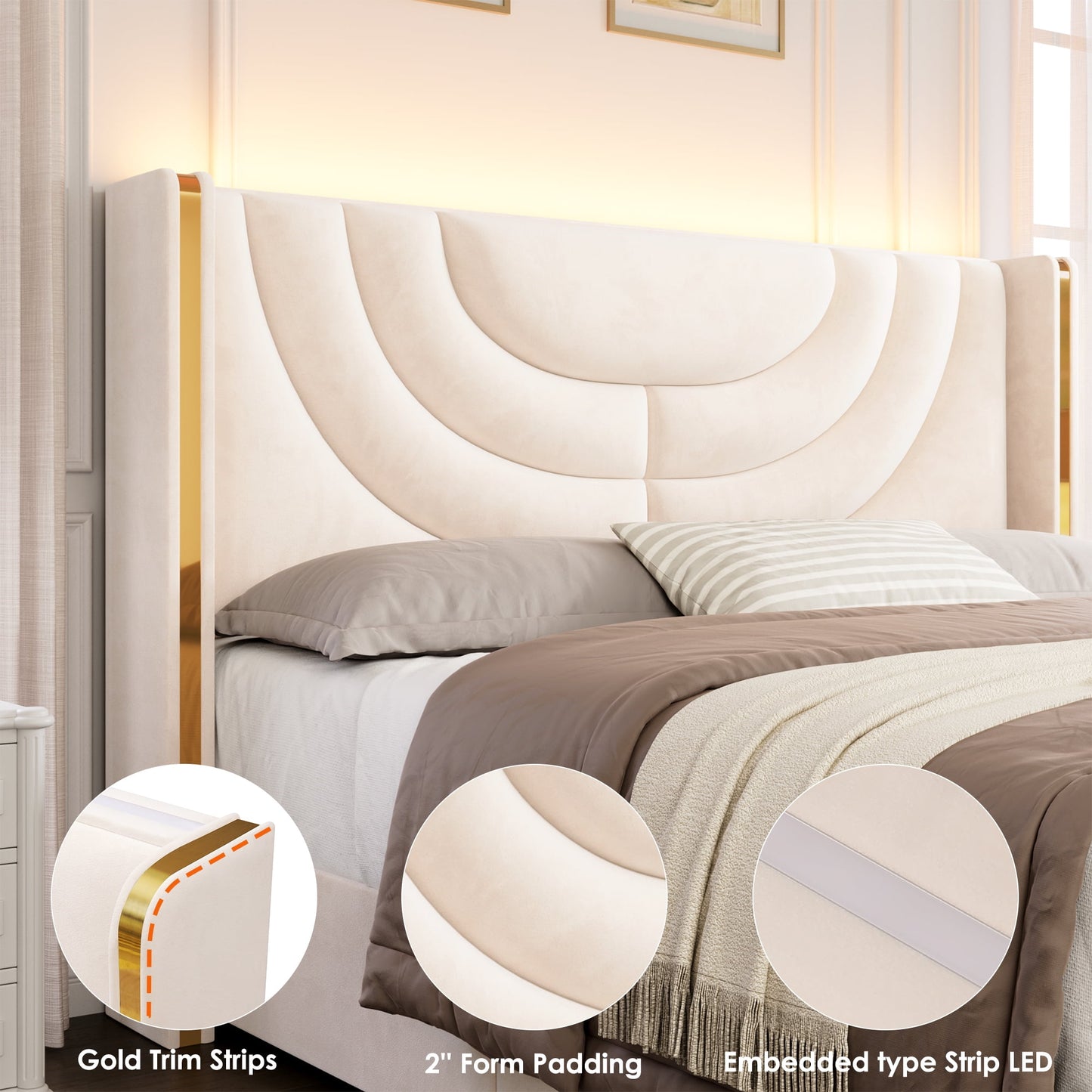 Homfa Queen Size Platform Bed Frame with Velvet Upholstered Headboard, LED Bed Frame with 2 Drawers, Off-white