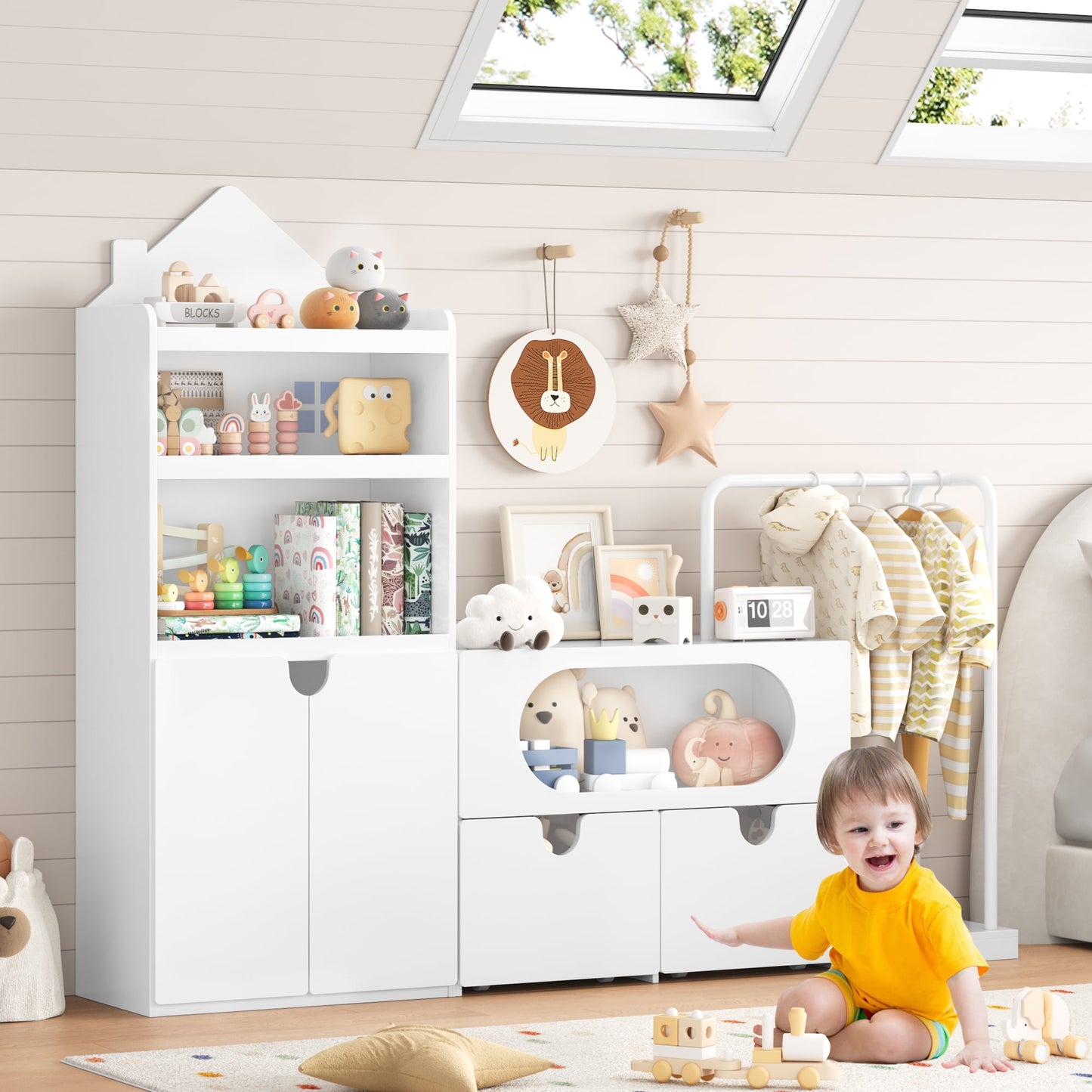 Homfa Kids White Bookshelf and Toys Organizer with Drawers, Combi Toy Storage with Clothes Rail for Kids Room