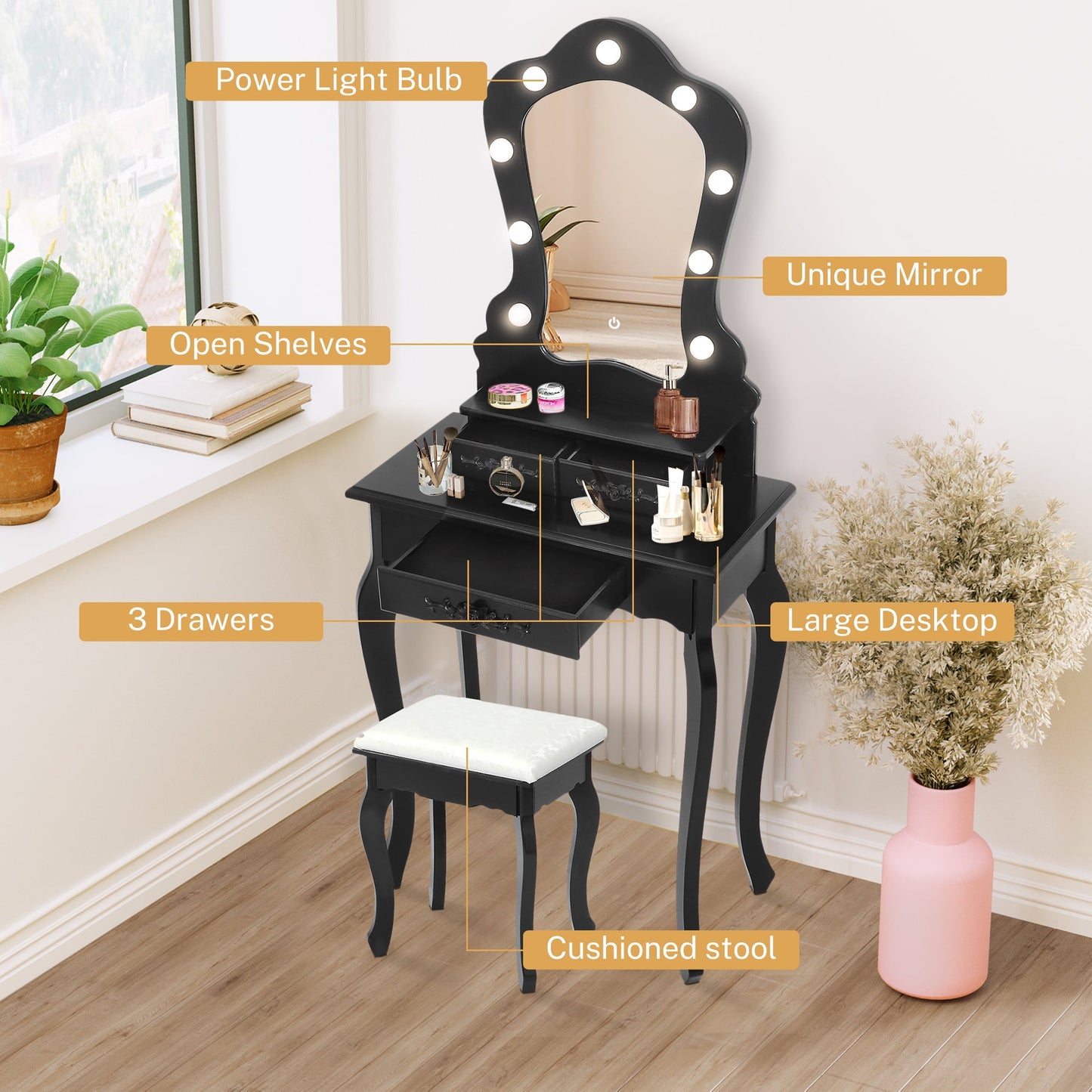 HSUNNS Modern Vanity Set, 4 Drawers Makeup Desk with Cushion Stool & Storage Shelves, Sliding Mirror, Black