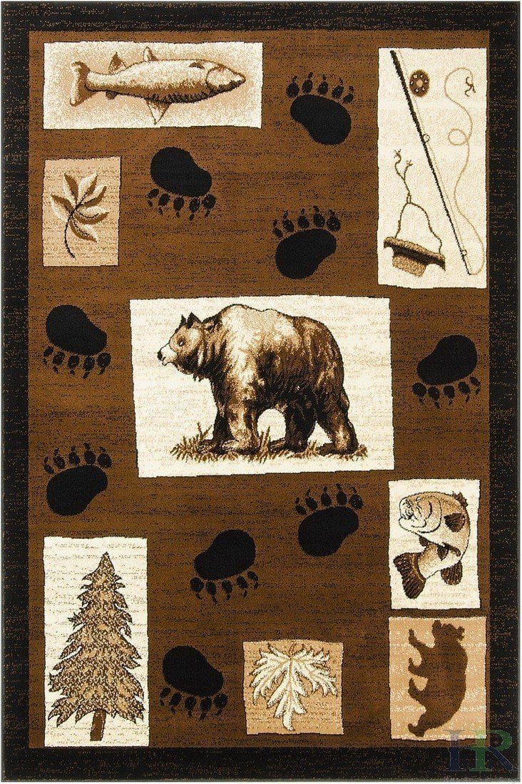 Handcraft Rugs Cabin Rug Lodge, Cabin Nature and Animals Area Rug Modern Geometric Design Cabin Area Rug Abstract, Chocolate/BeigeBear/Footprint/Trees/Fishing Equipment 5x7 feet