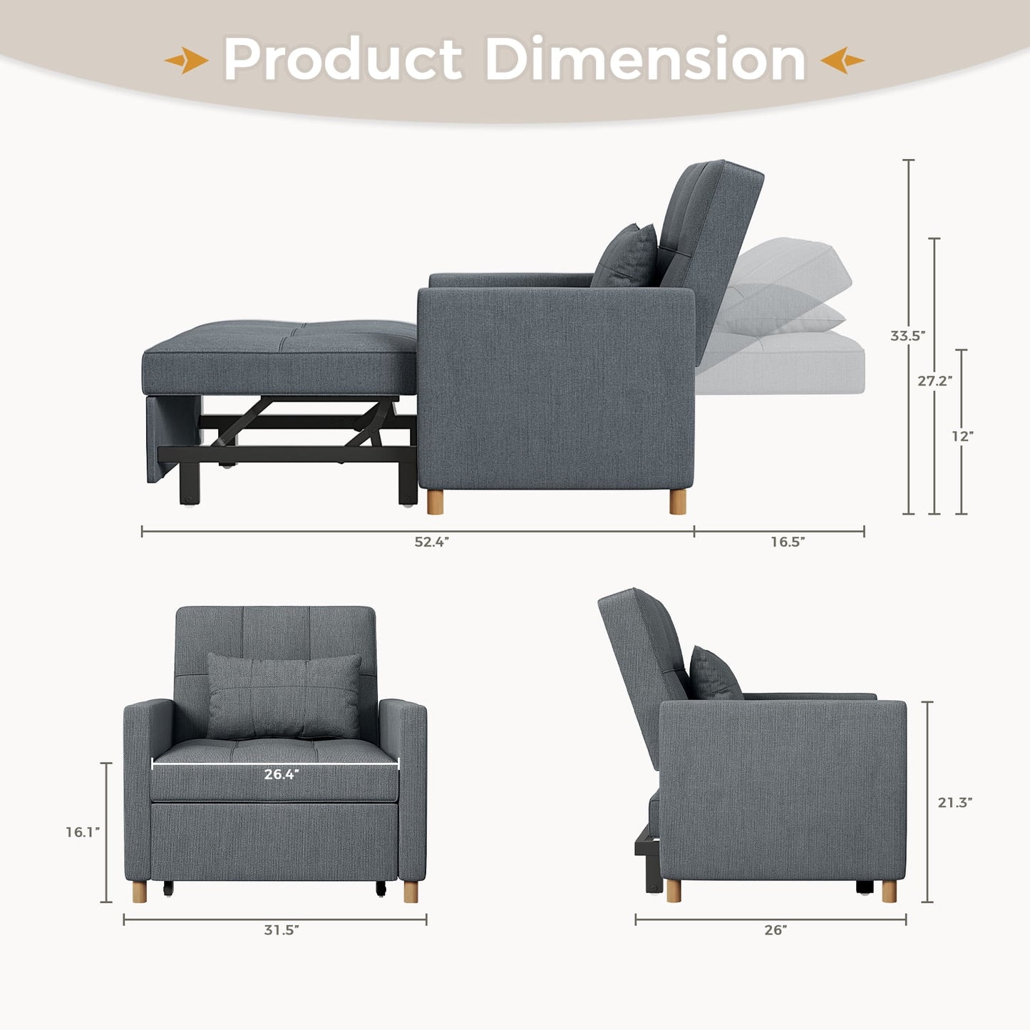 AECOJOY Sleeper Chair, 3 in 1 Chair Bed for Adults, Pull Out Sofa Chair with Pillow and Convertible Backrest, Multi-Functional Fold Out Futon Chair Reading Chair for Small Space (Dark Grey)