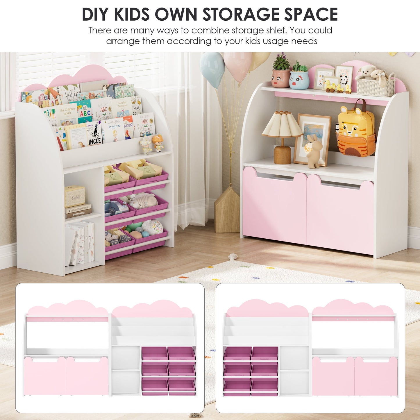 Hiphuta Kid's Toy Storage Organizer, Toddler Bookshelf with 6 Bins & 2 Removable Drawers, Book Rack Storage 3 Tiers, White Pink