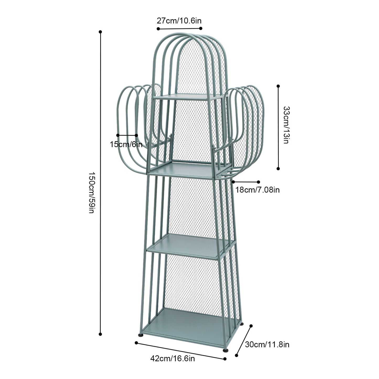 4 Tier Cactus Shape Bookcase, Iron Bookshelf Storage Rack Shelf, Living Room Sundry Shelf, Flower Stand with 8 Hooks, Bedroom Bookshelf for Kids & Adults