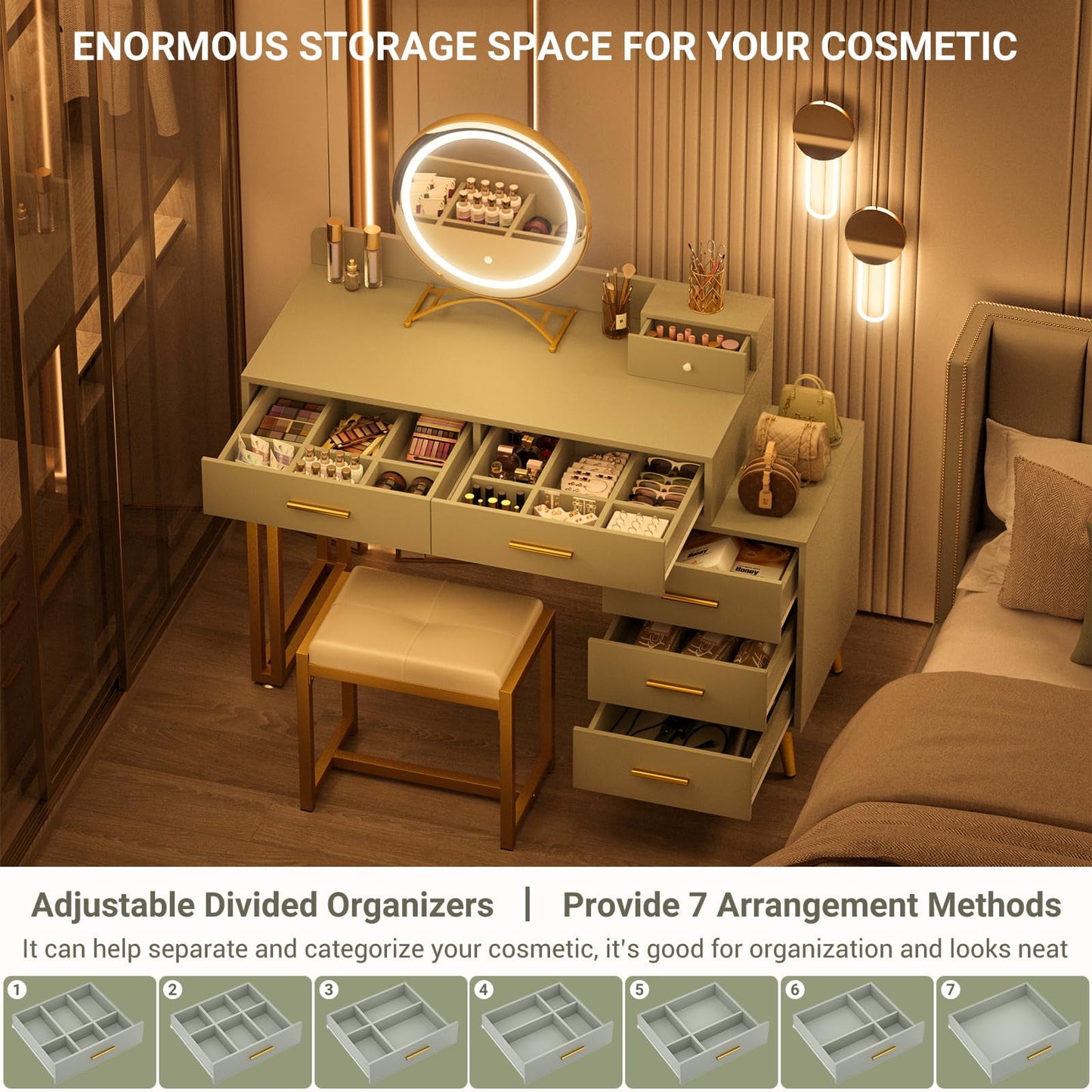 Homieasy Vanity Desk with Mirror and Lights, Modern Makeup Vanity Table Set with 6 Storage Drawers and Cushioned Stool for Bedroom, Dressing Table with Divided Organizers for Women, Cyan