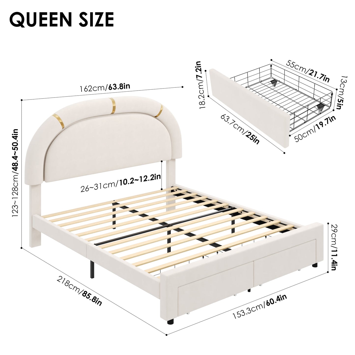 Homfa Queen Size LED Bed Frame with 2 Storage Drawer, Modern Velvet Tufted Upholstered Platform Bed with Arched Headboard for Bedroom, Beige