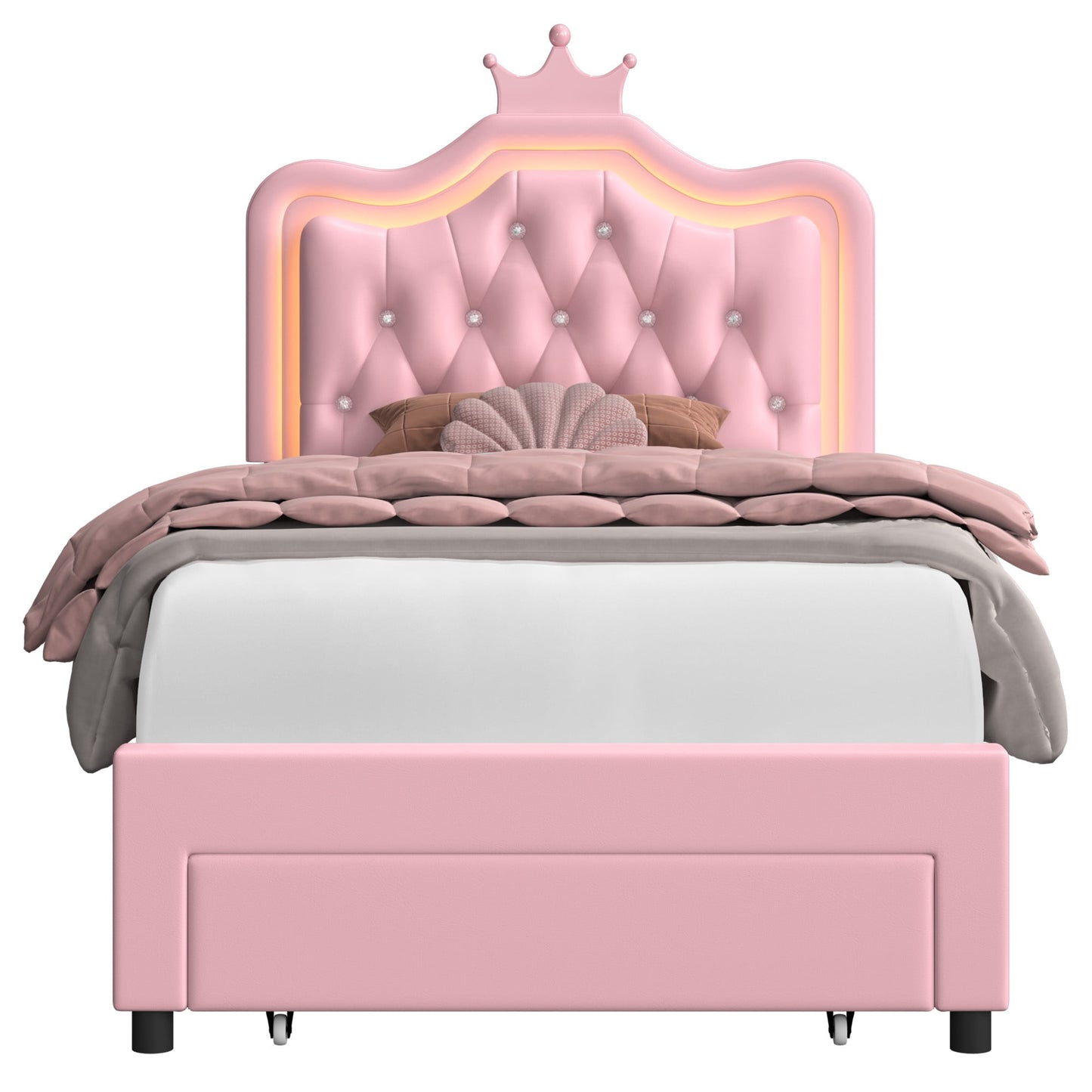 Homfa Twin Size LED Bed Frame with Storage Drawer, PU Leather Crown Platform Bed with Crystal Tufted Upholstered Adjustable Headboard, Pink